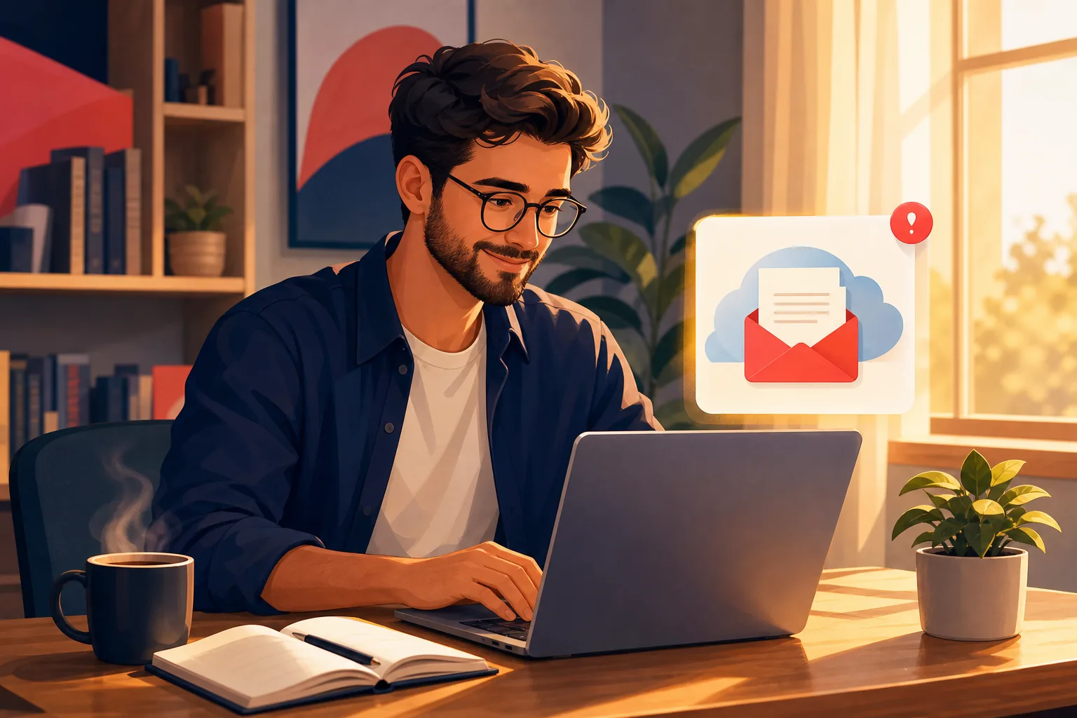 A creator happily writing a newsletter edition at a warm desk, treating it as its own creative project
