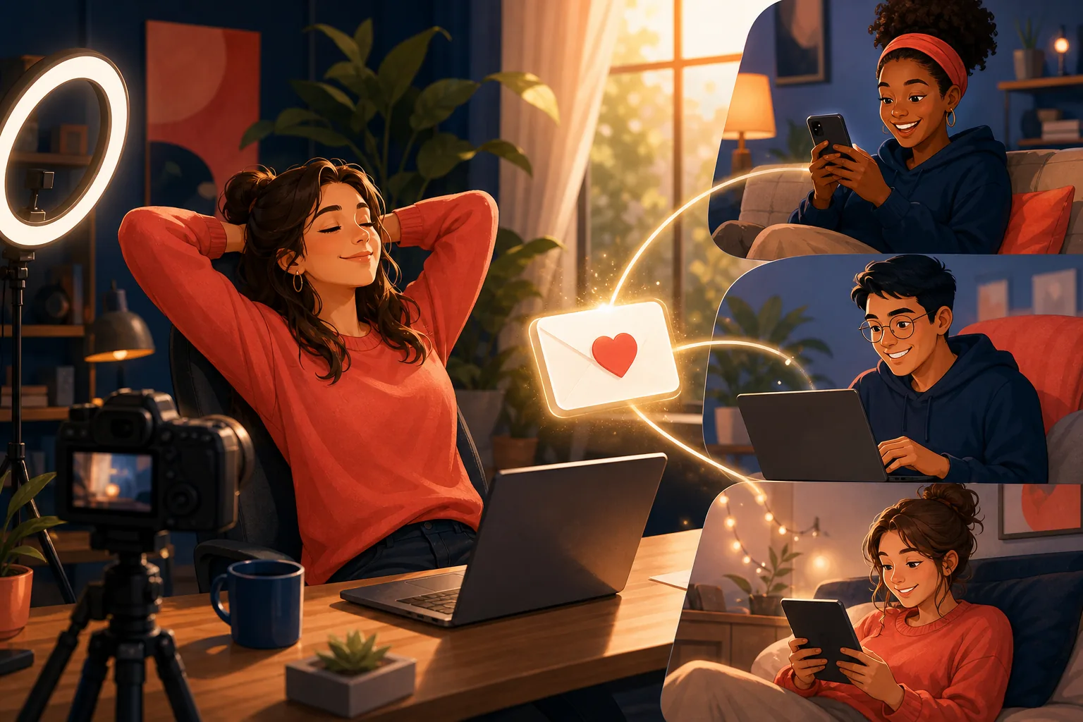 A relaxed YouTuber leaning back after hitting upload while an automated email quietly goes out to her fans