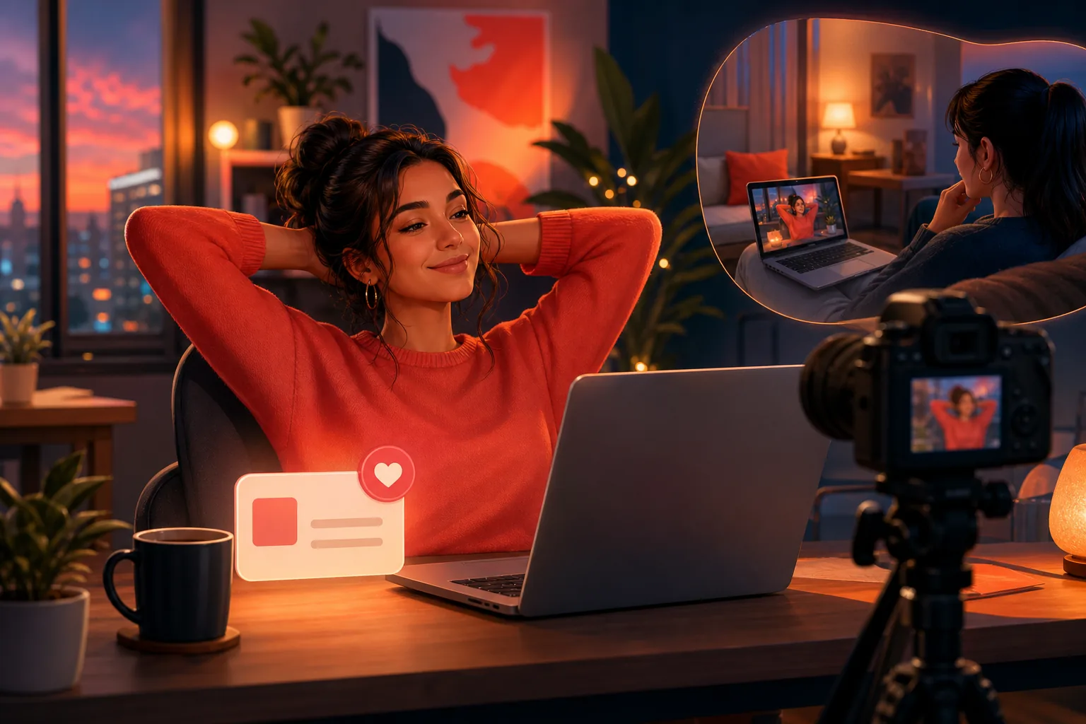A relaxed creator at her desk, content that her fans are reliably reached whether or not she writes a newsletter