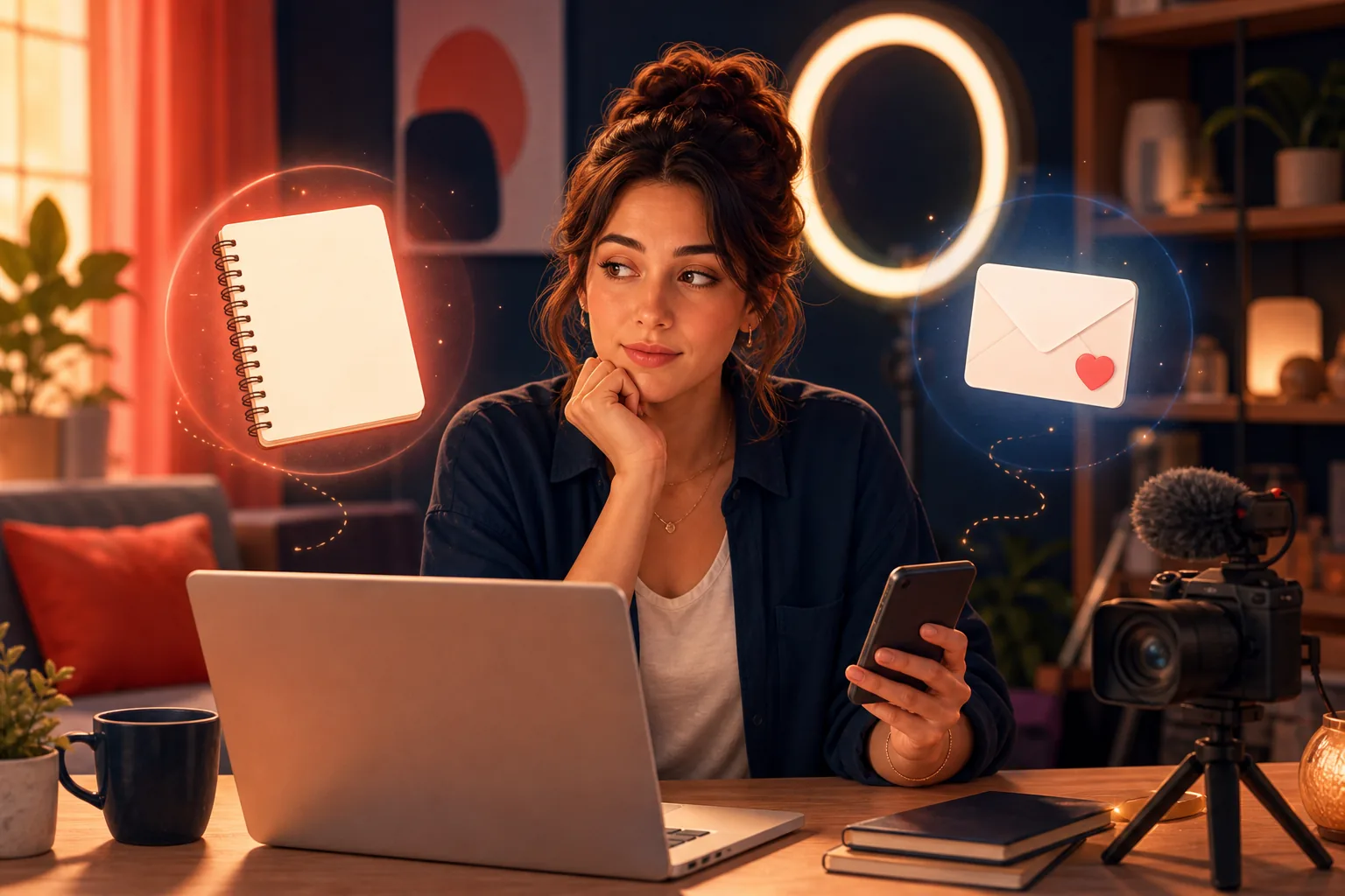 A YouTuber at her editing desk deciding whether to write a newsletter or just alert fans when she uploads