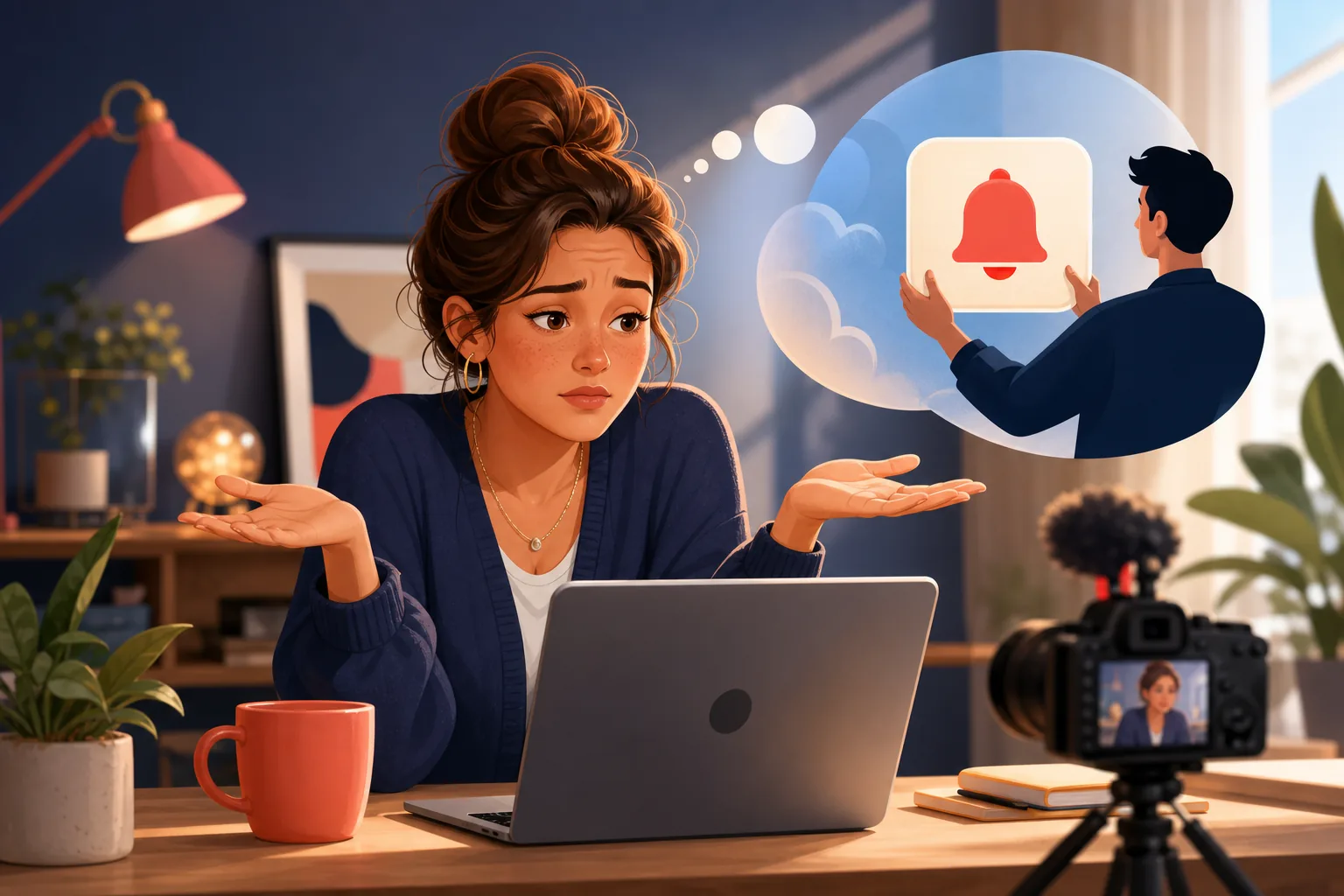 Woman creator leaning toward her laptop, scanning settings with a puzzled, mildly resigned expression, palms turned up