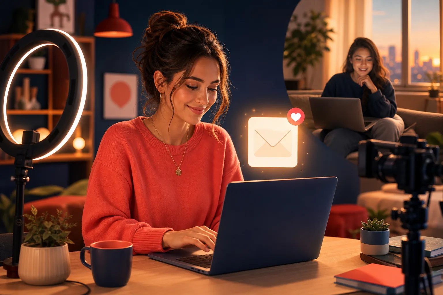 Creator composing a warm email to fans on her laptop, reassured and in control, a single alert card glowing beside the screen