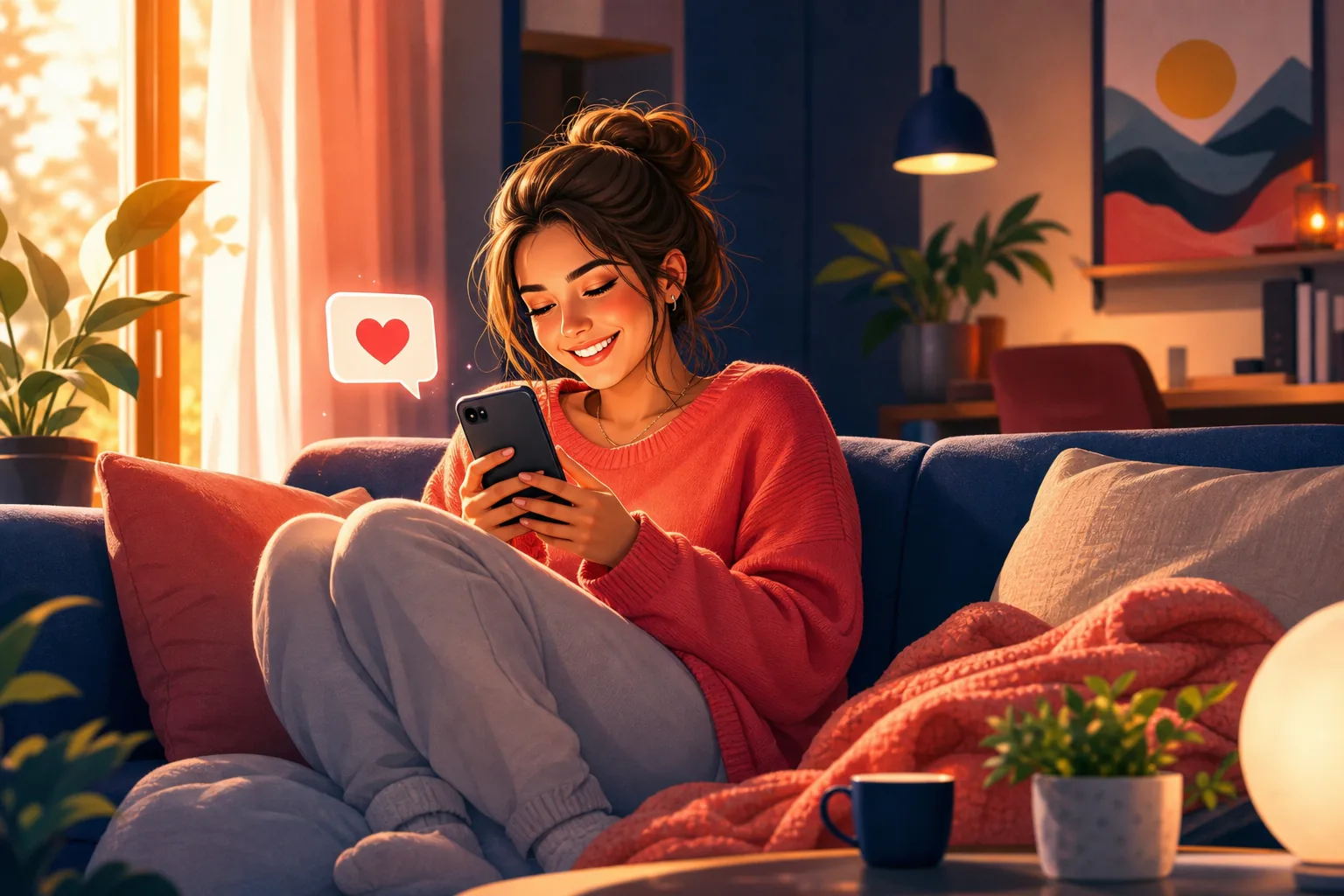 Happy fan on her couch reading a welcome update from a creator she follows, a soft alert card glowing beside her