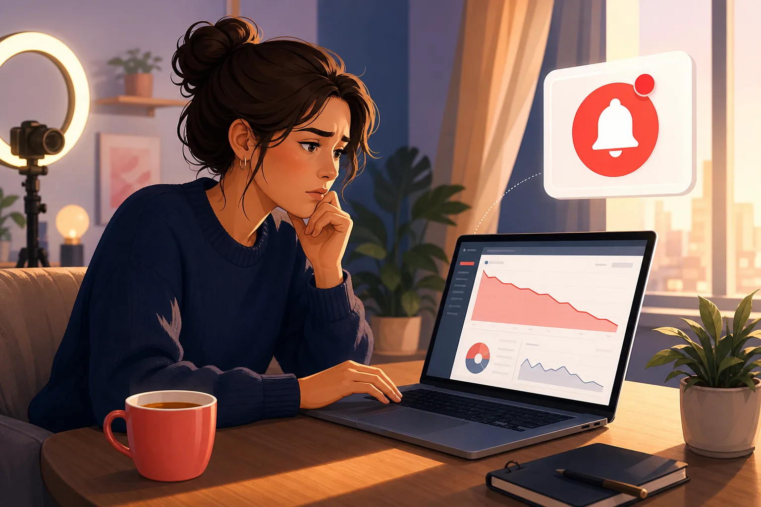 YouTube creator studying her analytics as the bell notifications sent number slides downward