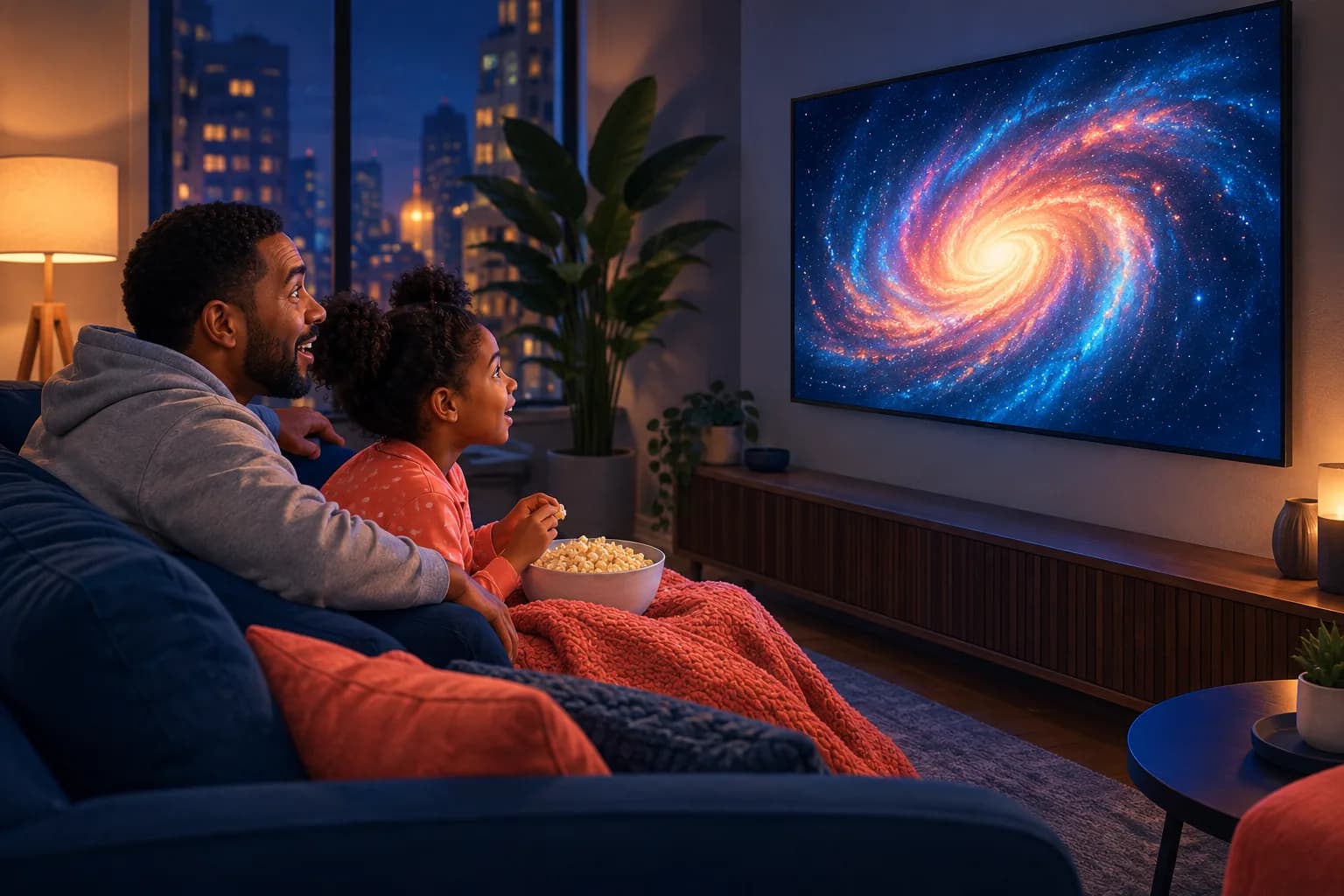 Father and young daughter on a sofa in a dim living room, both wide-eyed at a glowing galaxy on the TV