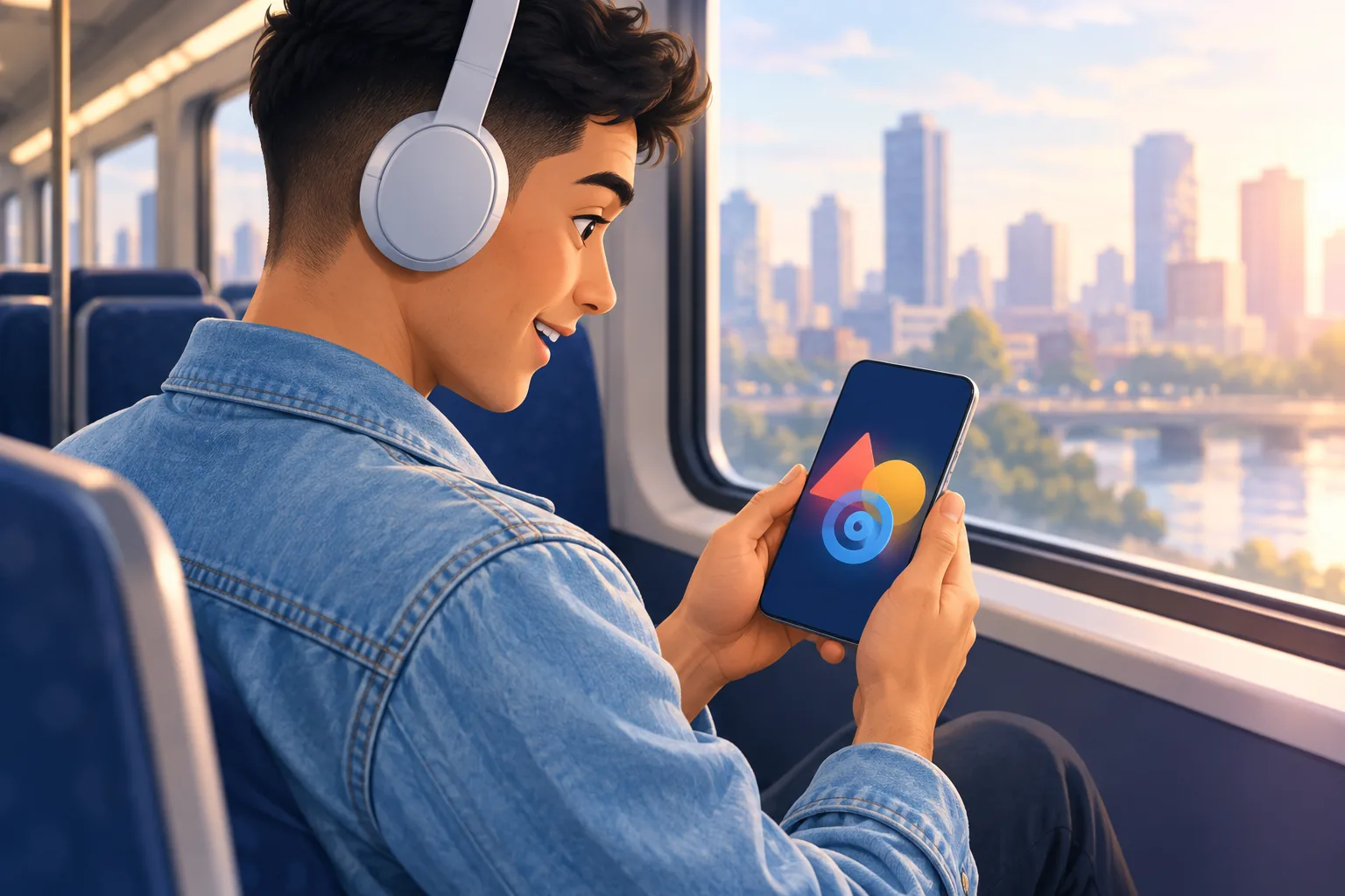 Young man on a commuter train with headphones, grinning at colorful geometric shapes on his phone