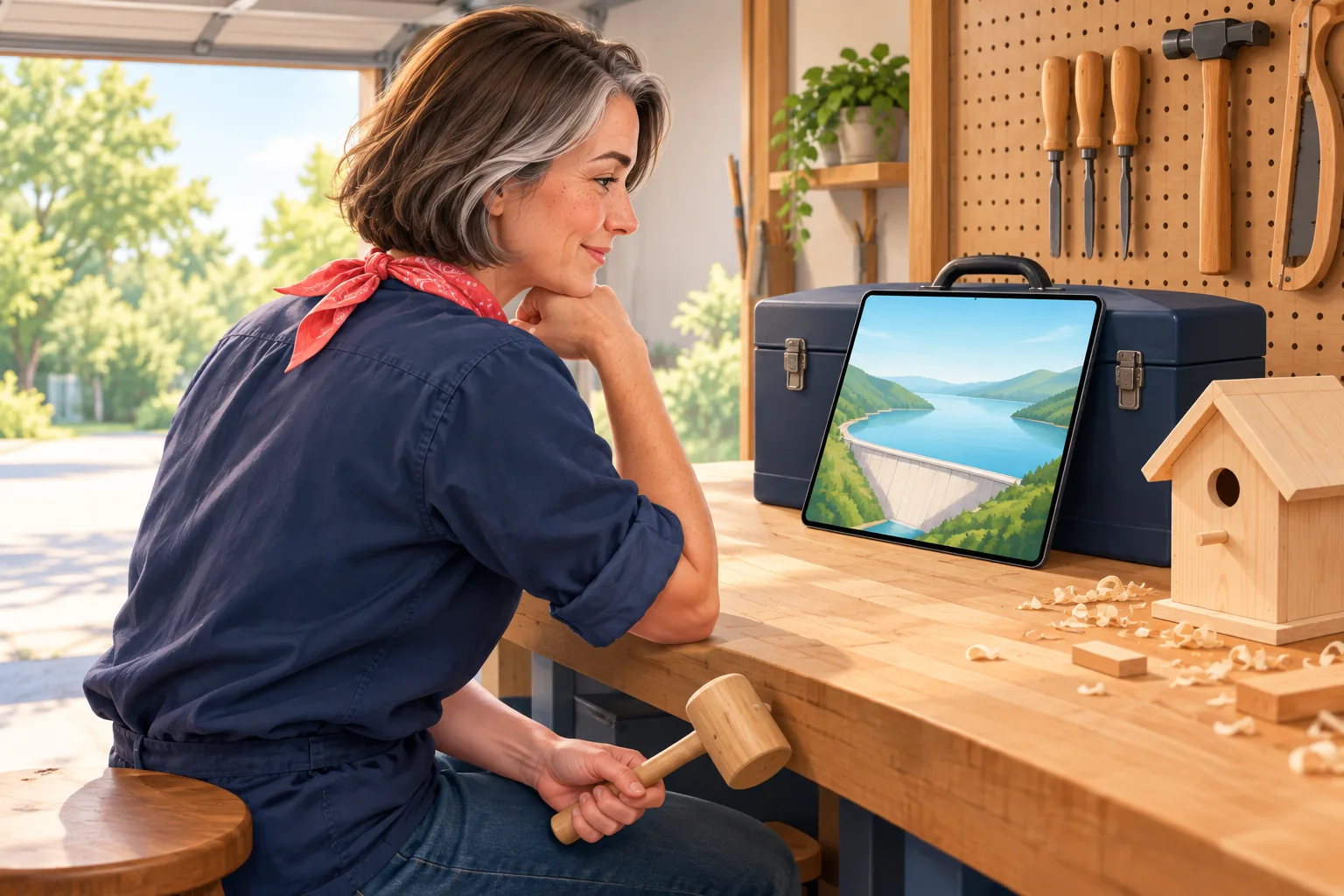 Woman in her forties at a garage workbench holding a wooden mallet, smiling at a video of a dam on her tablet