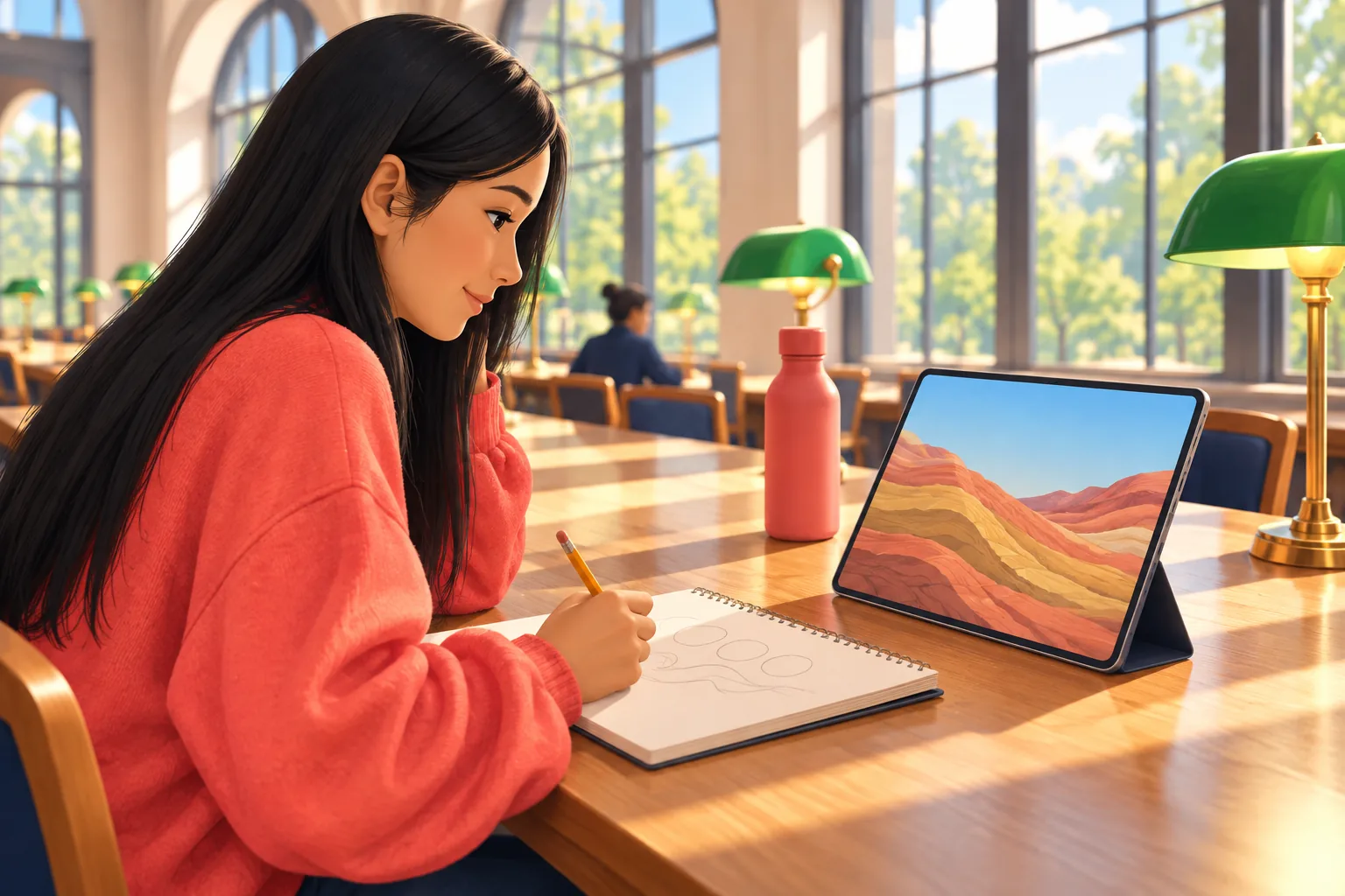 Teenage student at a sunny study hall table sketching notes from a geology lesson on her tablet