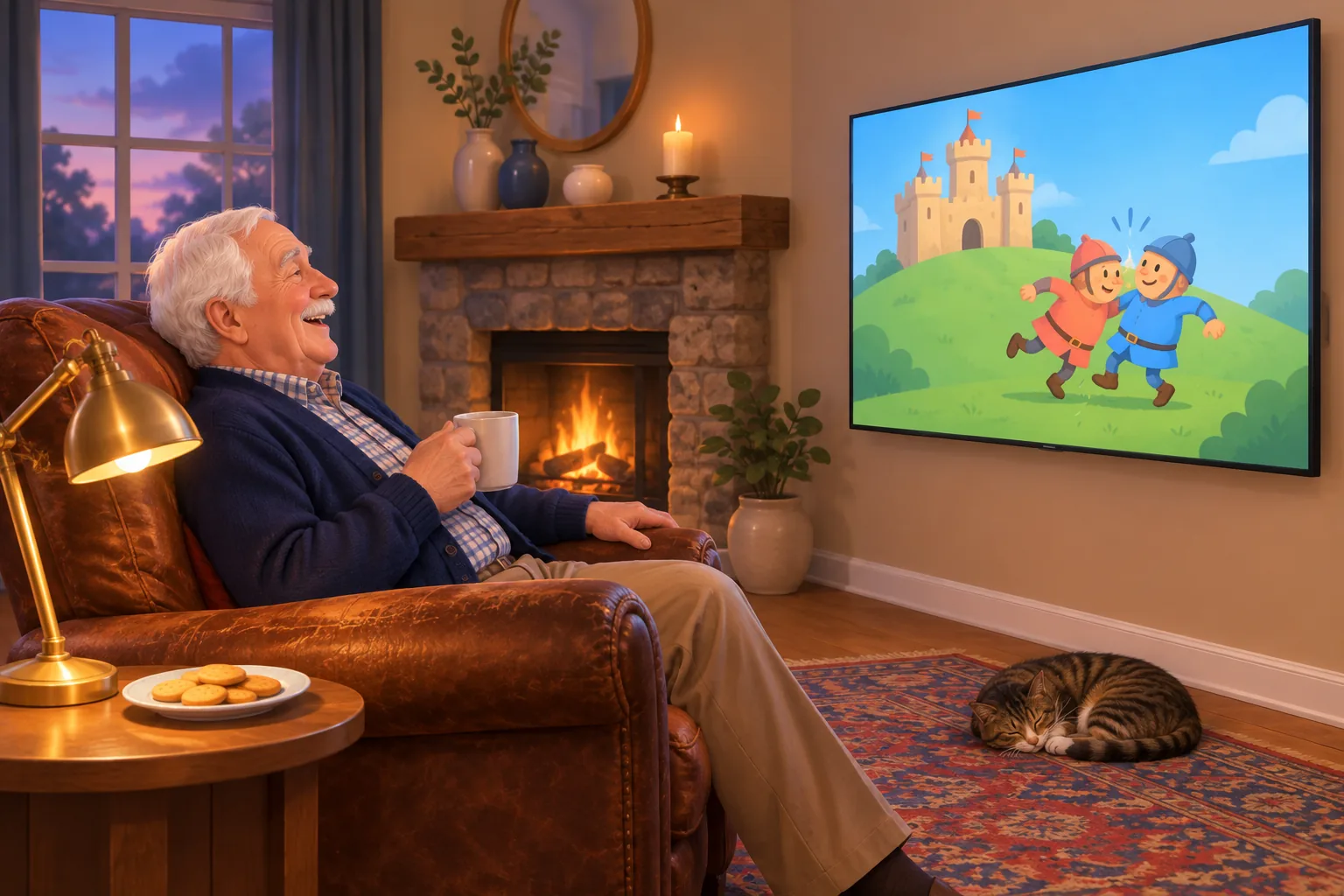 Older man in a reading armchair laughing at a cartoon history video on the TV, a mug of tea in his hand