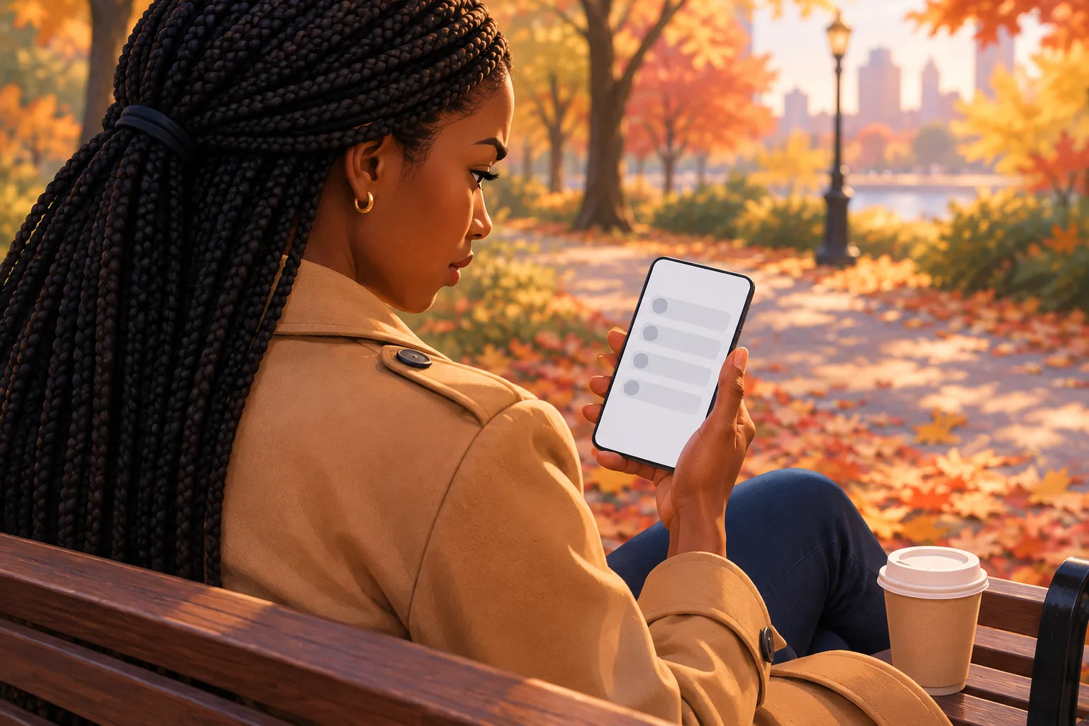 Woman on a park bench frowning slightly at her phone, realizing she missed a video from a favorite channel