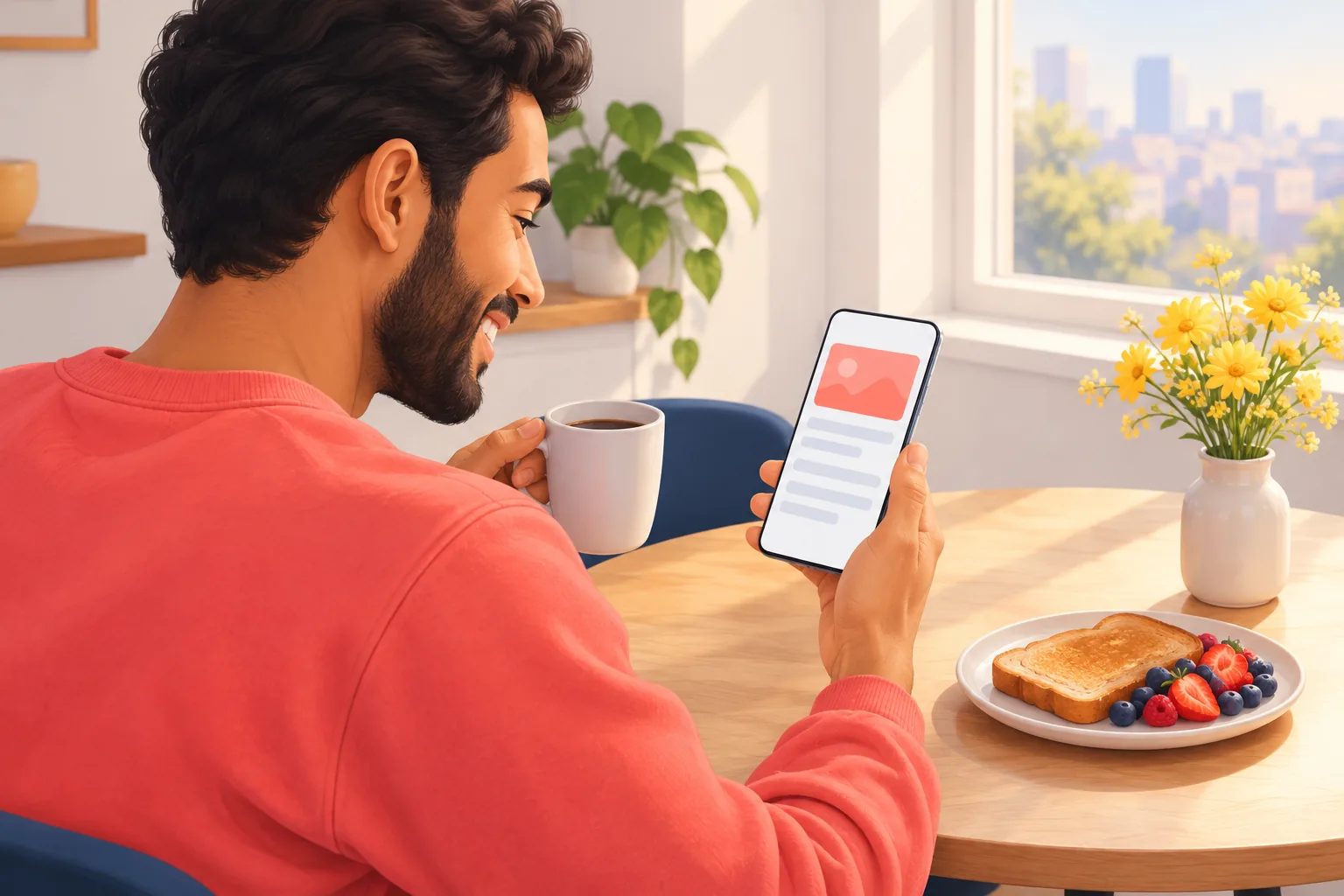 Man at a sunny breakfast table smiling at a new-video email on his phone, a coffee cup in his other hand