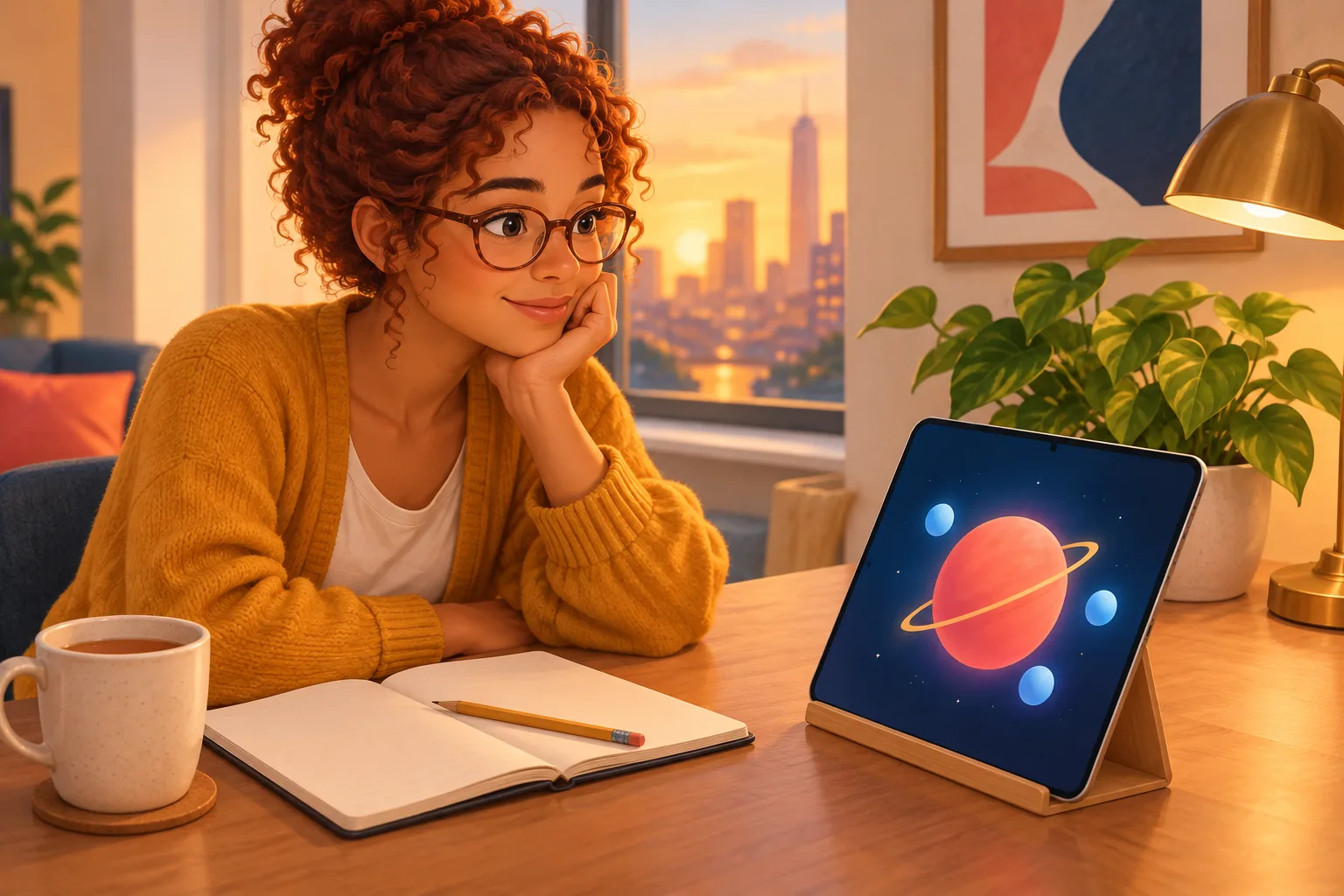 Young woman at a cozy desk with a notebook, smiling with curiosity at an animated planet video on her tablet