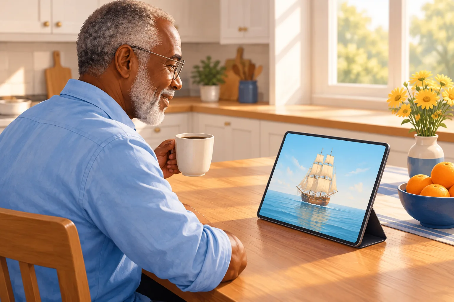 Retired man at a sunny kitchen table smiling at a short history video of an old sailing ship on his tablet