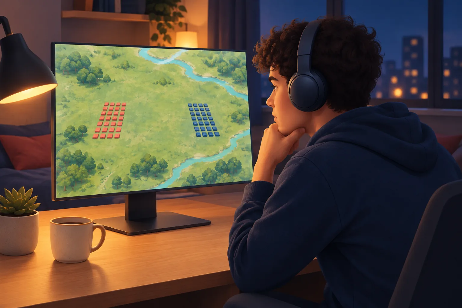Young man in headphones at his desk at night leaning toward an animated battle map on his monitor