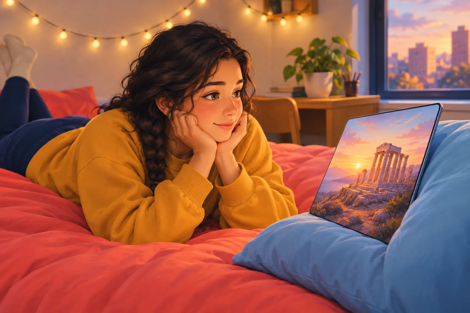 College student lying on her dorm bed, chin in her hands, watching ruined temple columns on her tablet