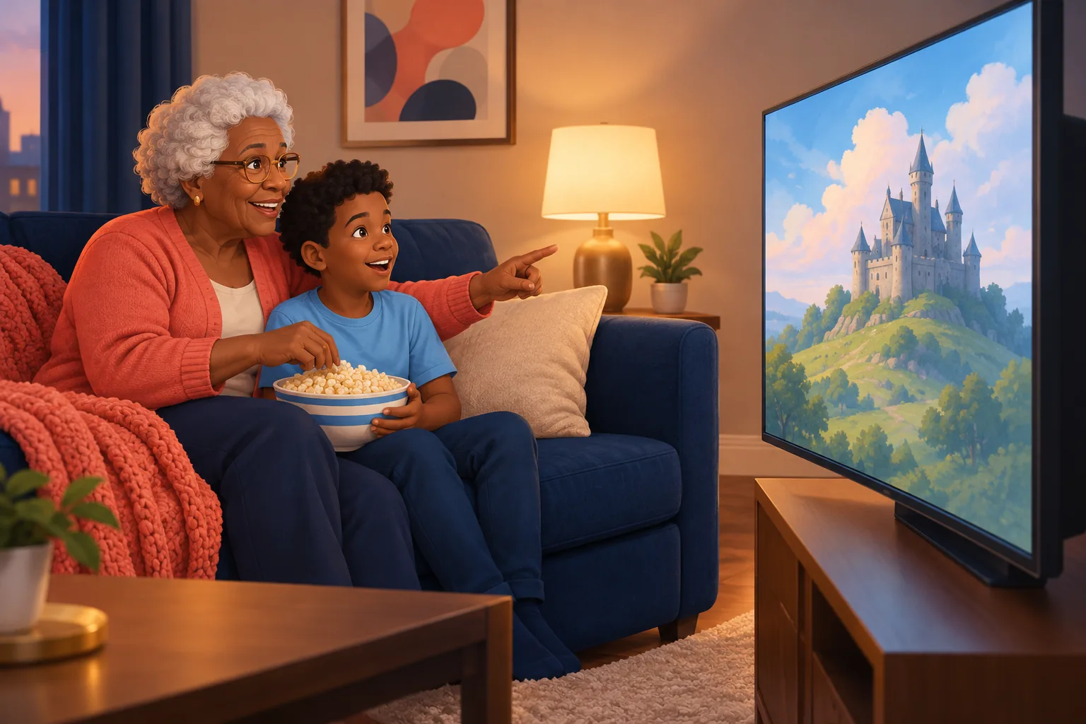Grandmother and grandson on a sofa sharing a bowl of popcorn while watching a castle documentary on TV
