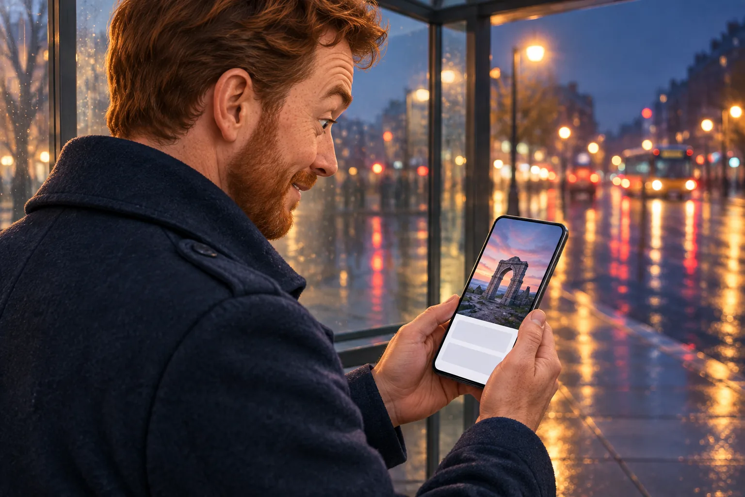 Man at a bus stop at night staring at his phone in surprise, realizing a long-awaited episode came out weeks ago