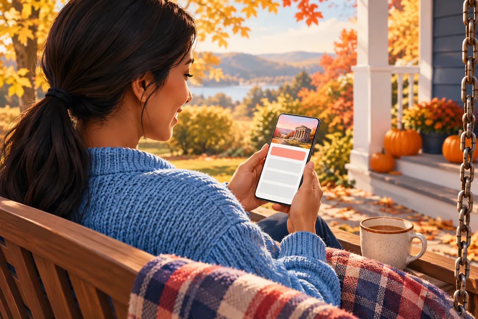 Woman on a porch swing in autumn smiling at a new-video email on her phone, a mug of cider beside her