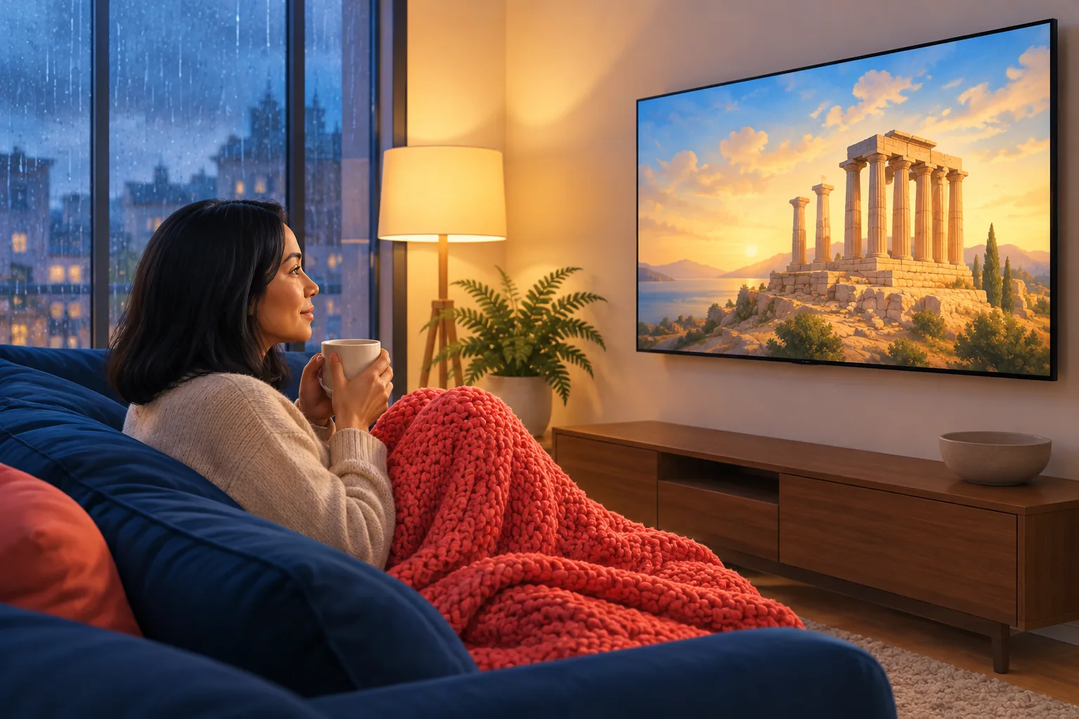 Woman wrapped in a blanket on a sofa on a rainy evening, absorbed in a documentary about ancient ruins on her TV