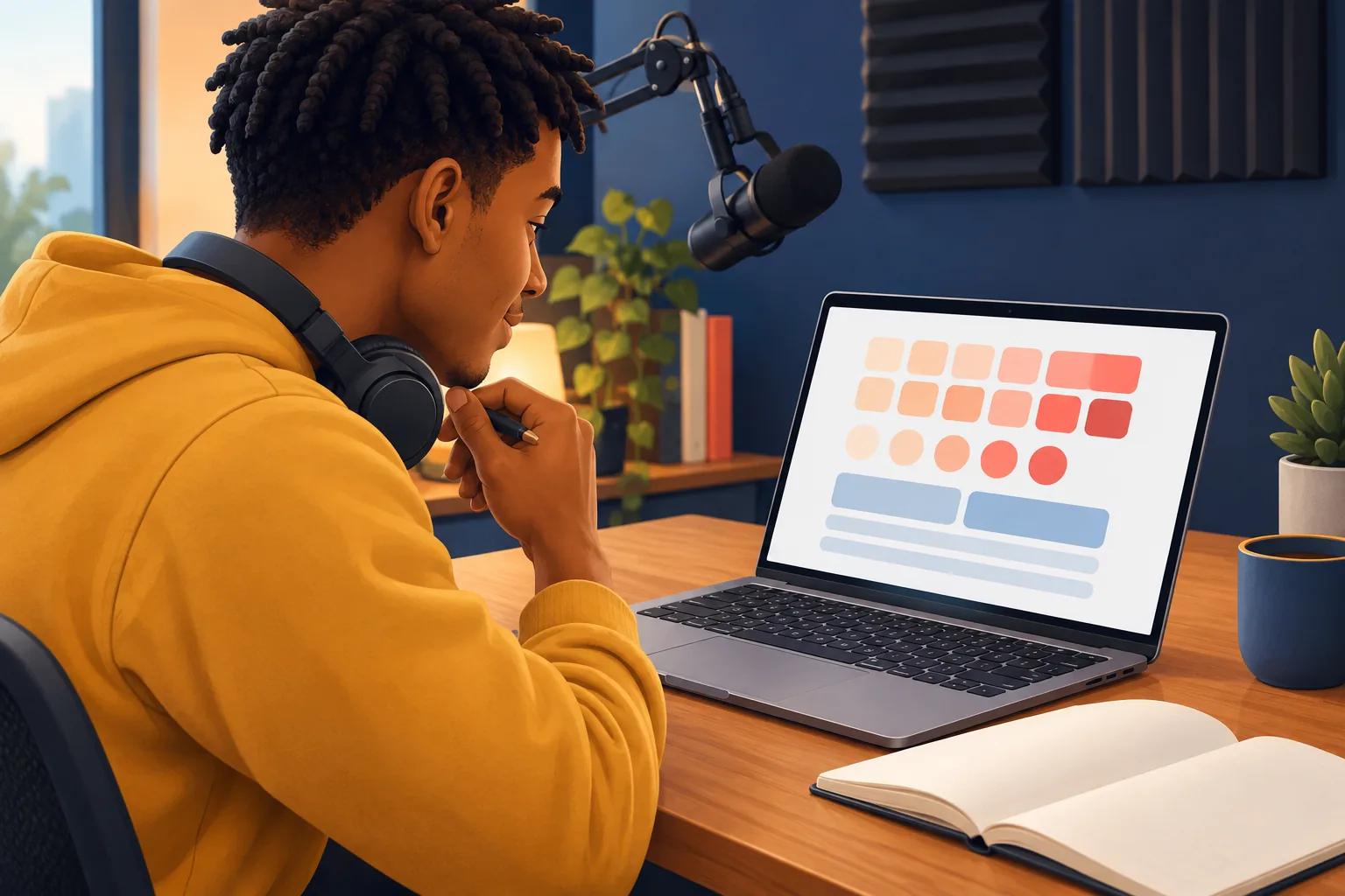Young creator in his home studio studying his audience activity chart on a laptop, pen in hand, planning his next upload time