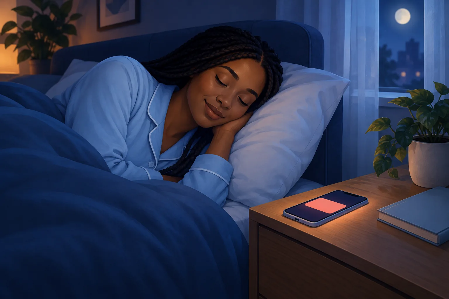 Woman asleep in a cozy bedroom at night while her phone lies on the nightstand, glowing softly with a silent new-video alert