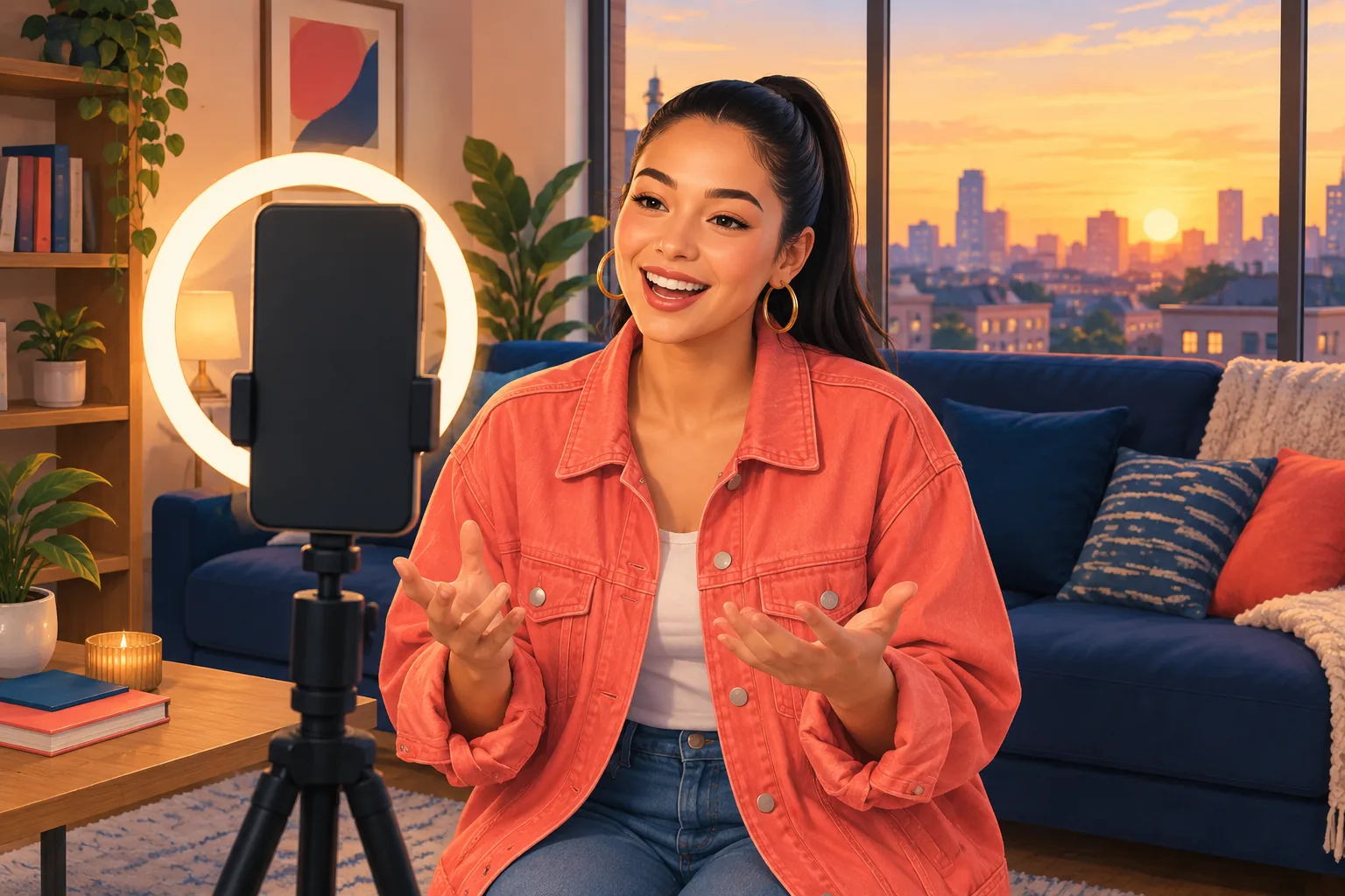 Young woman filming a YouTube Short on a phone tripod in her apartment on a Friday evening, laughing mid-take in golden light
