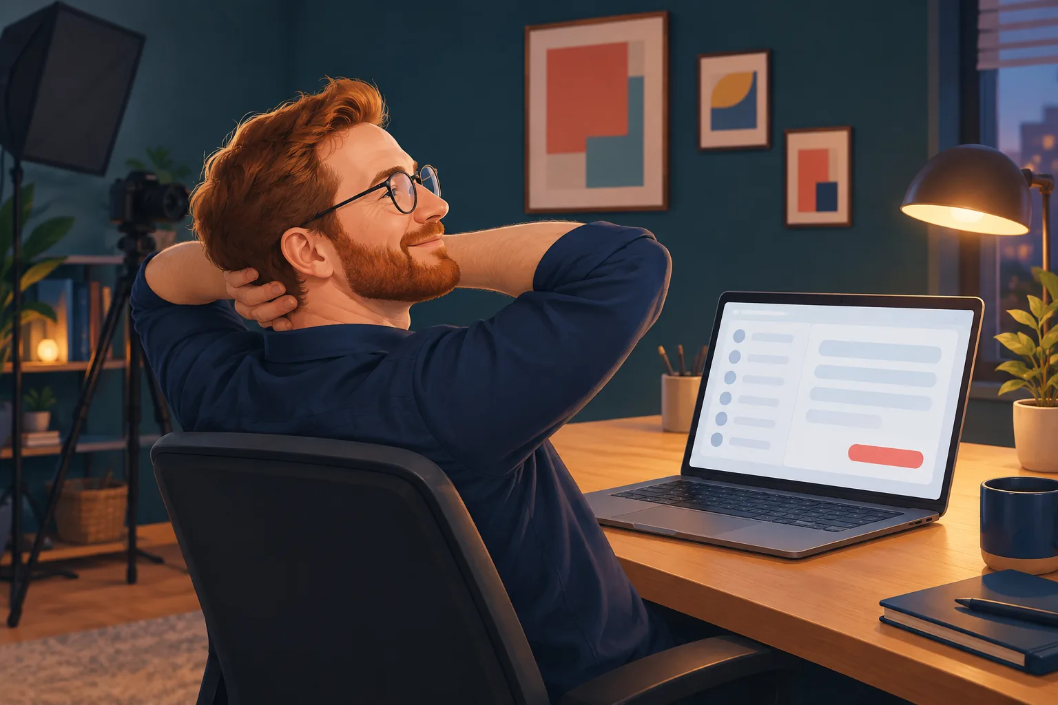 Creator at his desk in the evening finishing an upload on his laptop and leaning back, relieved it will publish itself