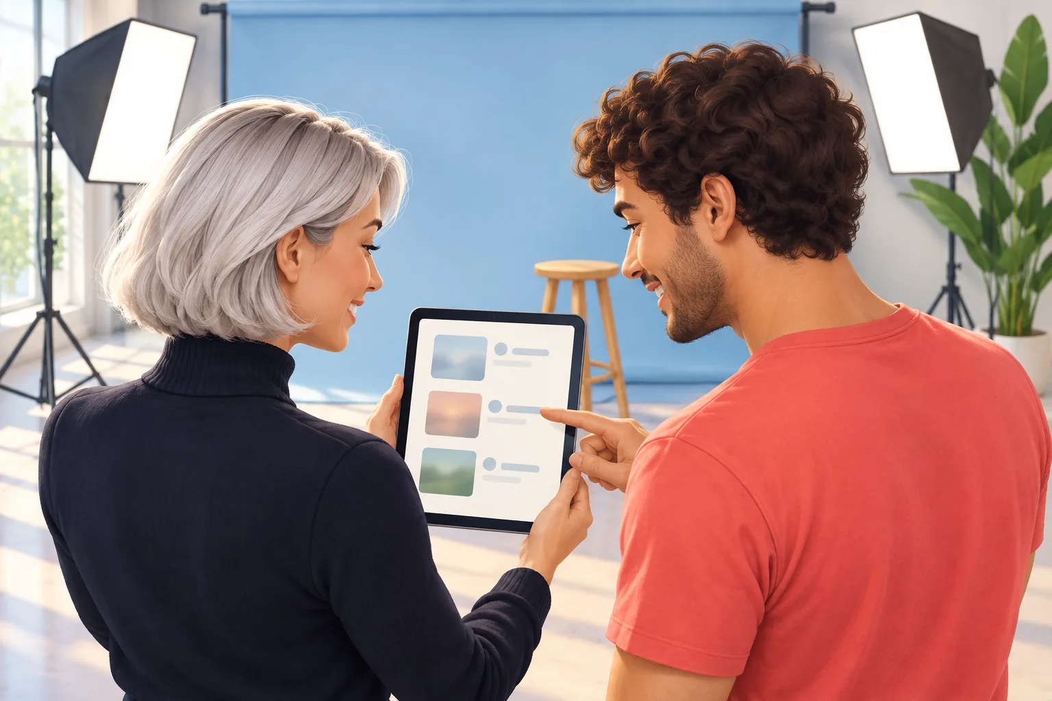 Two creators in a shared studio comparing three finished videos on a tablet, deciding which one to release first