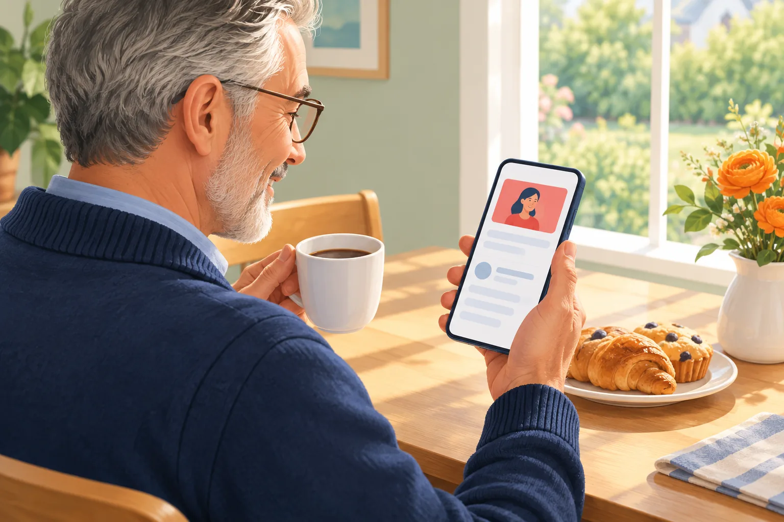 Man at a sunny breakfast table smiling at an email about his favorite creator's new video, coffee in his other hand