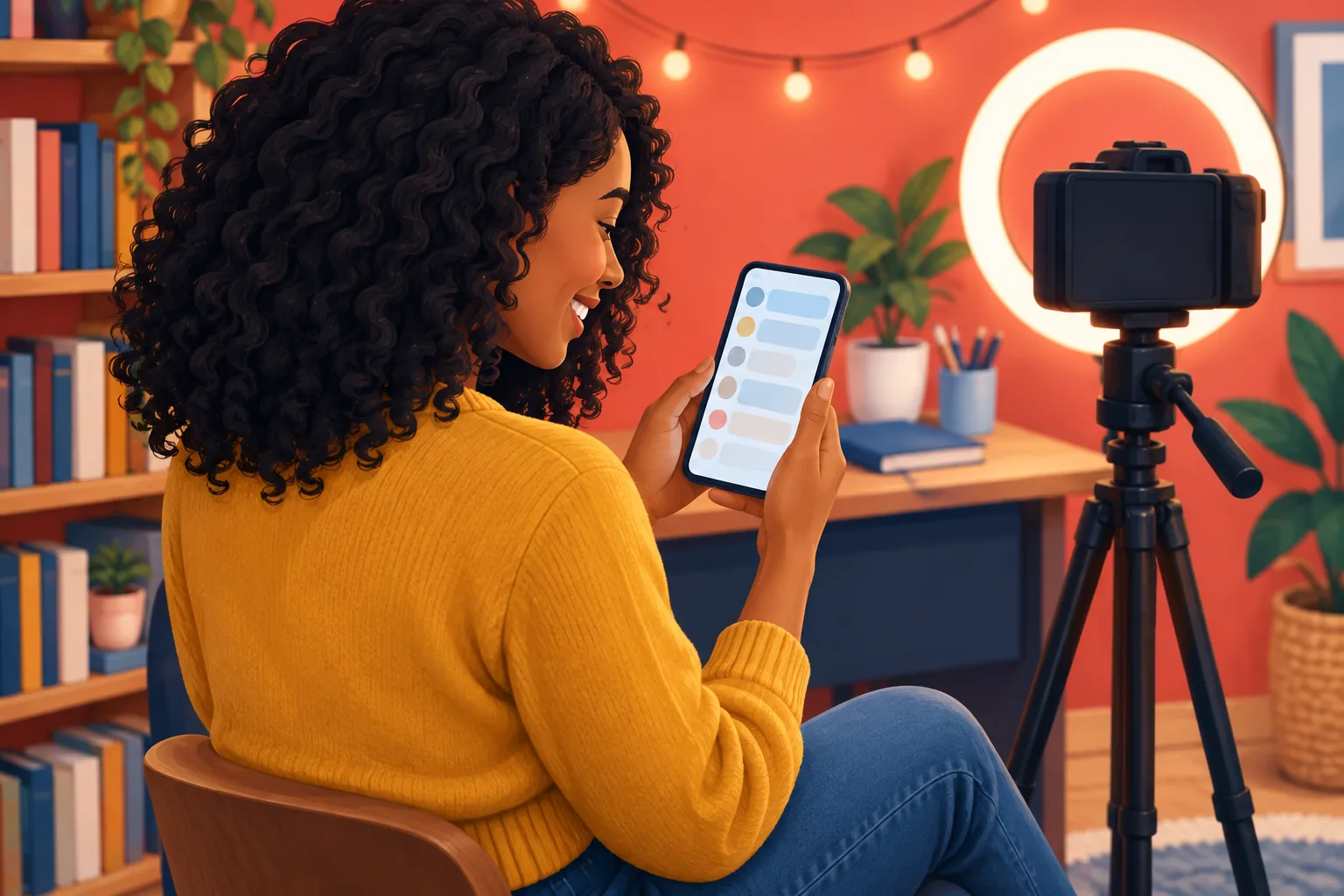 Creator in her studio smiling at her phone as early comments arrive on a video she published at her best time