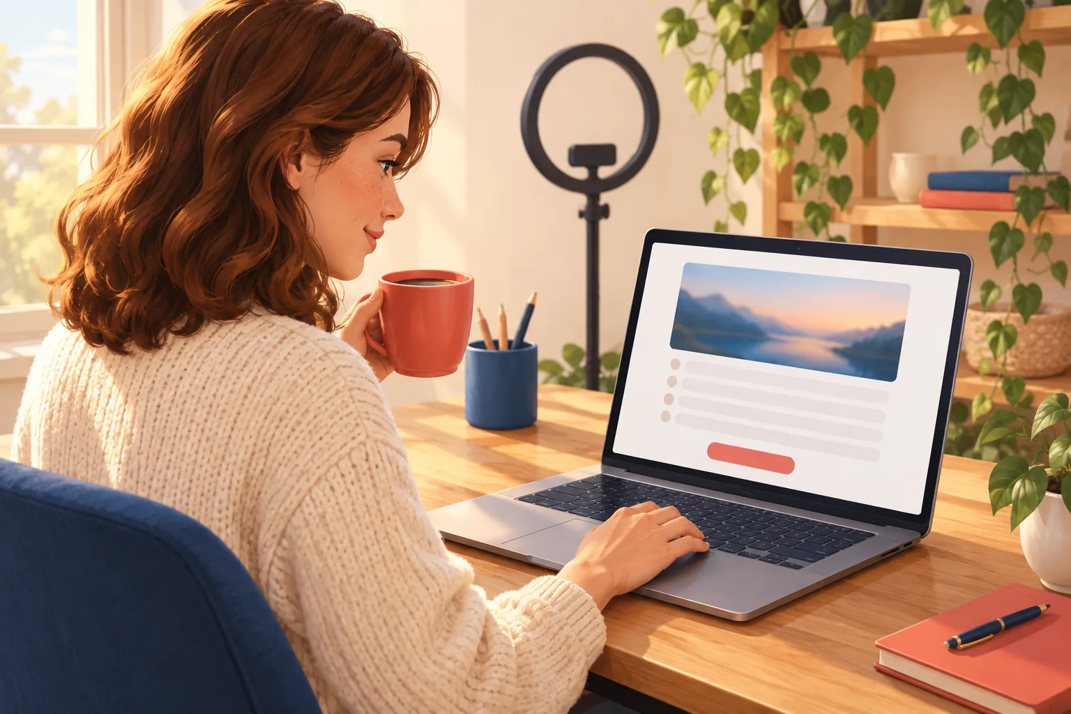 Creator at her desk on a Sunday morning choosing when to publish her next YouTube video, coffee in hand