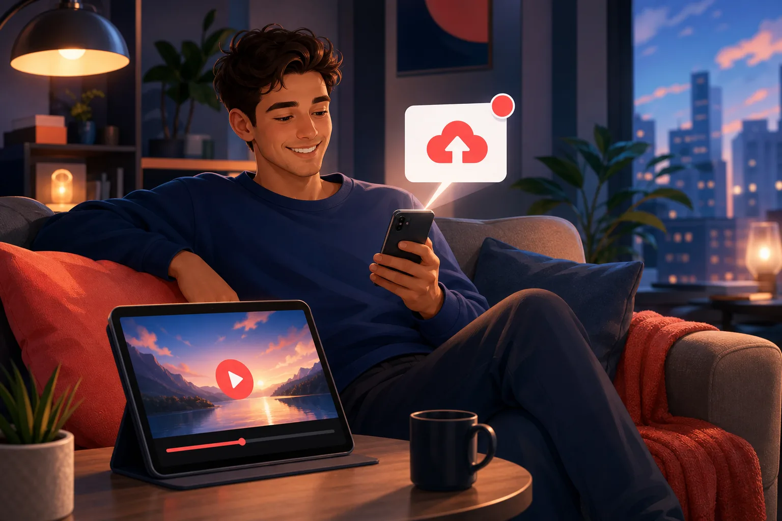 Relaxed viewer on a couch getting a clean upload alert email on a phone, video queued on a tablet