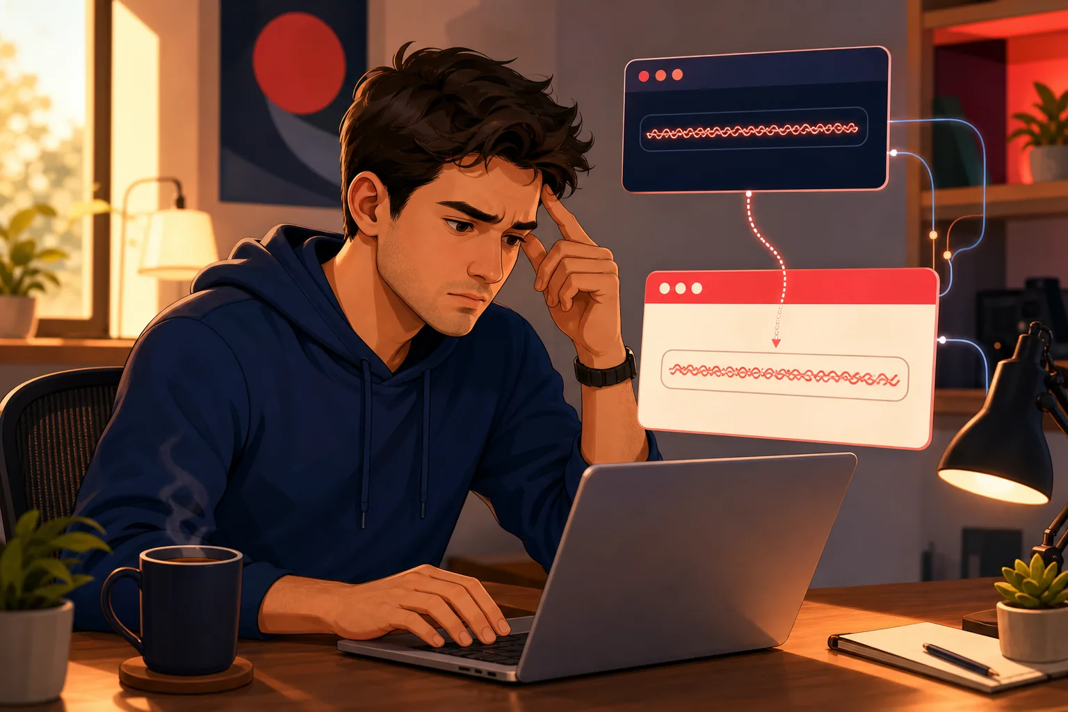 Person at a laptop carefully copying a long channel ID, brow slightly furrowed at the fiddly setup
