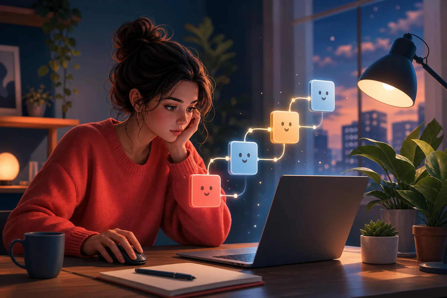 Person building a chain of connected automation blocks on a laptop, focused and a little tired by the steps