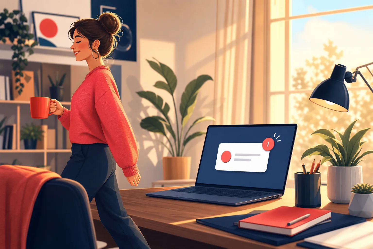Person walking away from a desk with coffee as a small popup appears on the laptop screen behind them, unseen