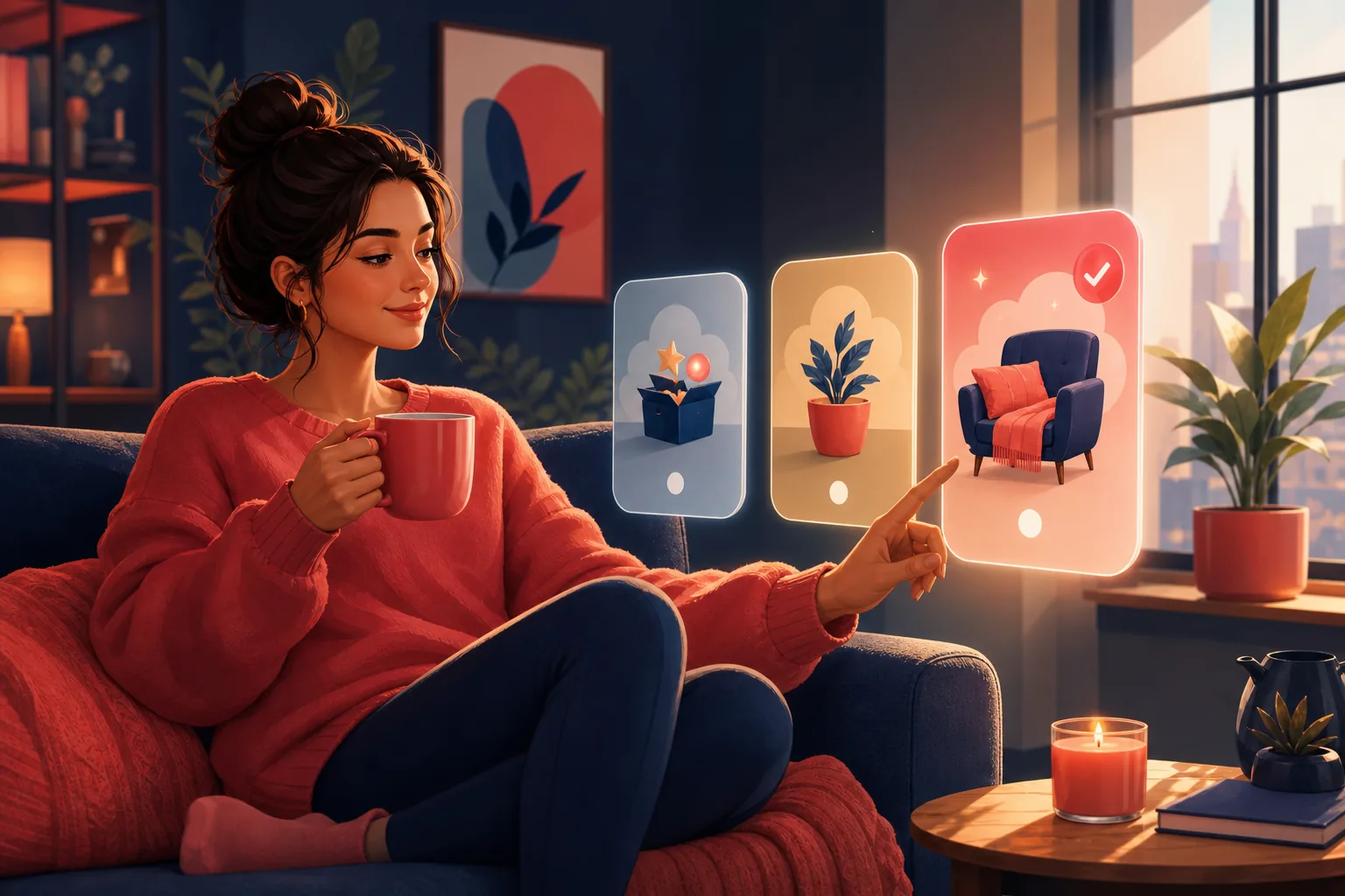 Viewer on a sofa calmly weighing a few simple option cards and settling on the easiest one