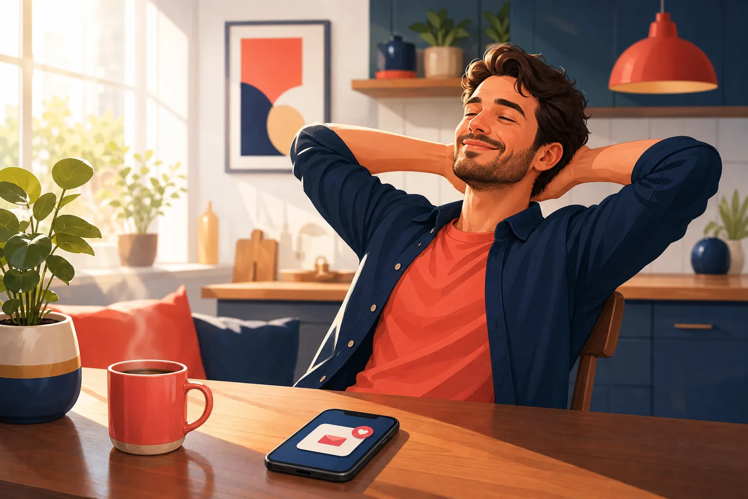 Content viewer relaxing with a drink, confident they picked the notification tool that just works