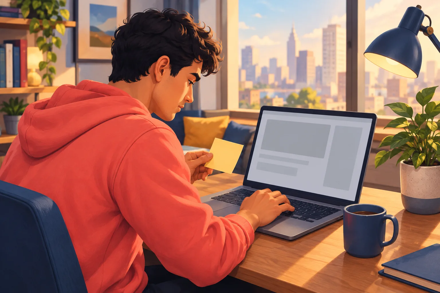 Young man at a sunny home desk copying a long address from a sticky note into his laptop