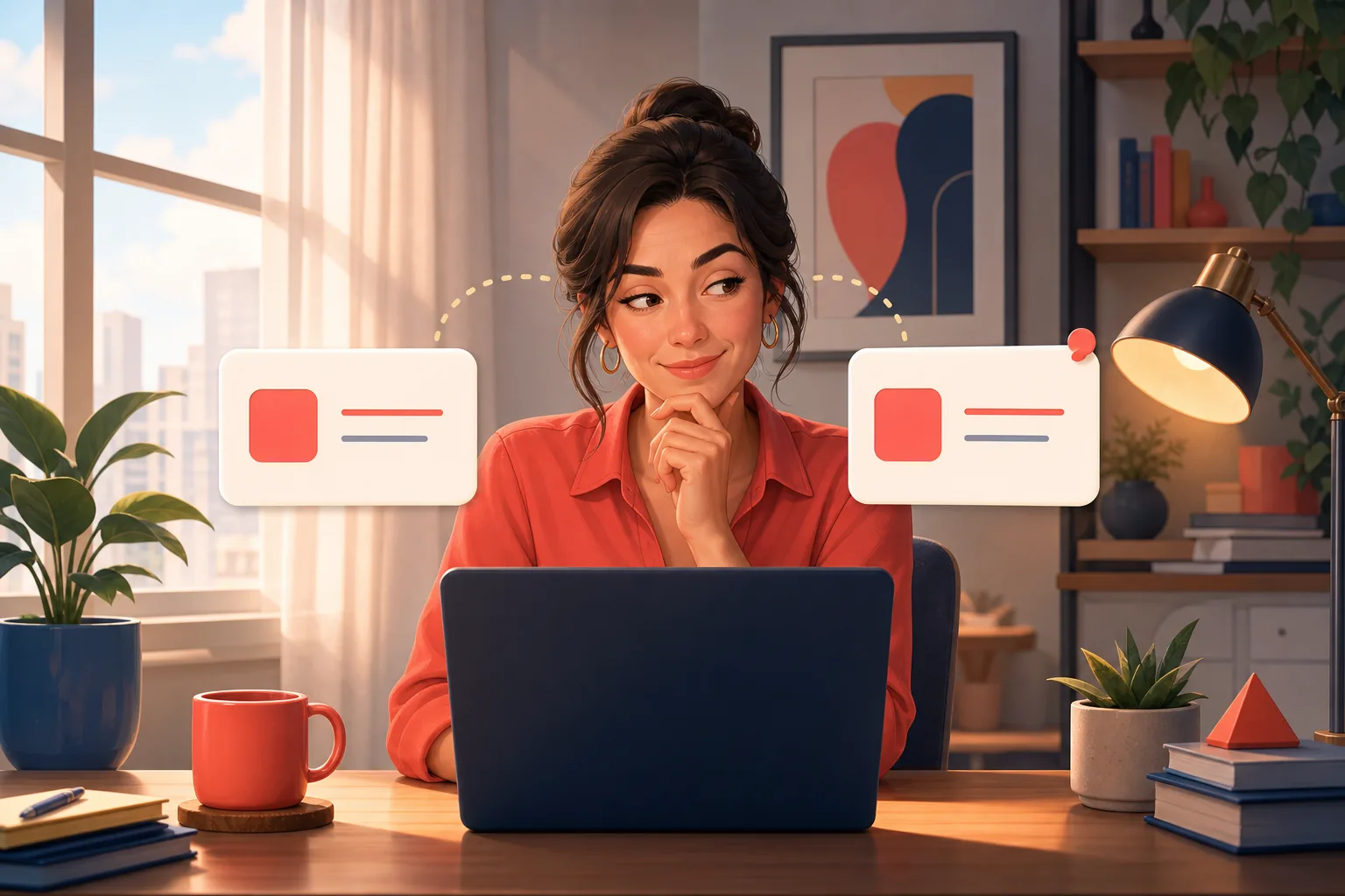 Woman at a bright desk glancing between two nearly identical options with an amused, knowing look