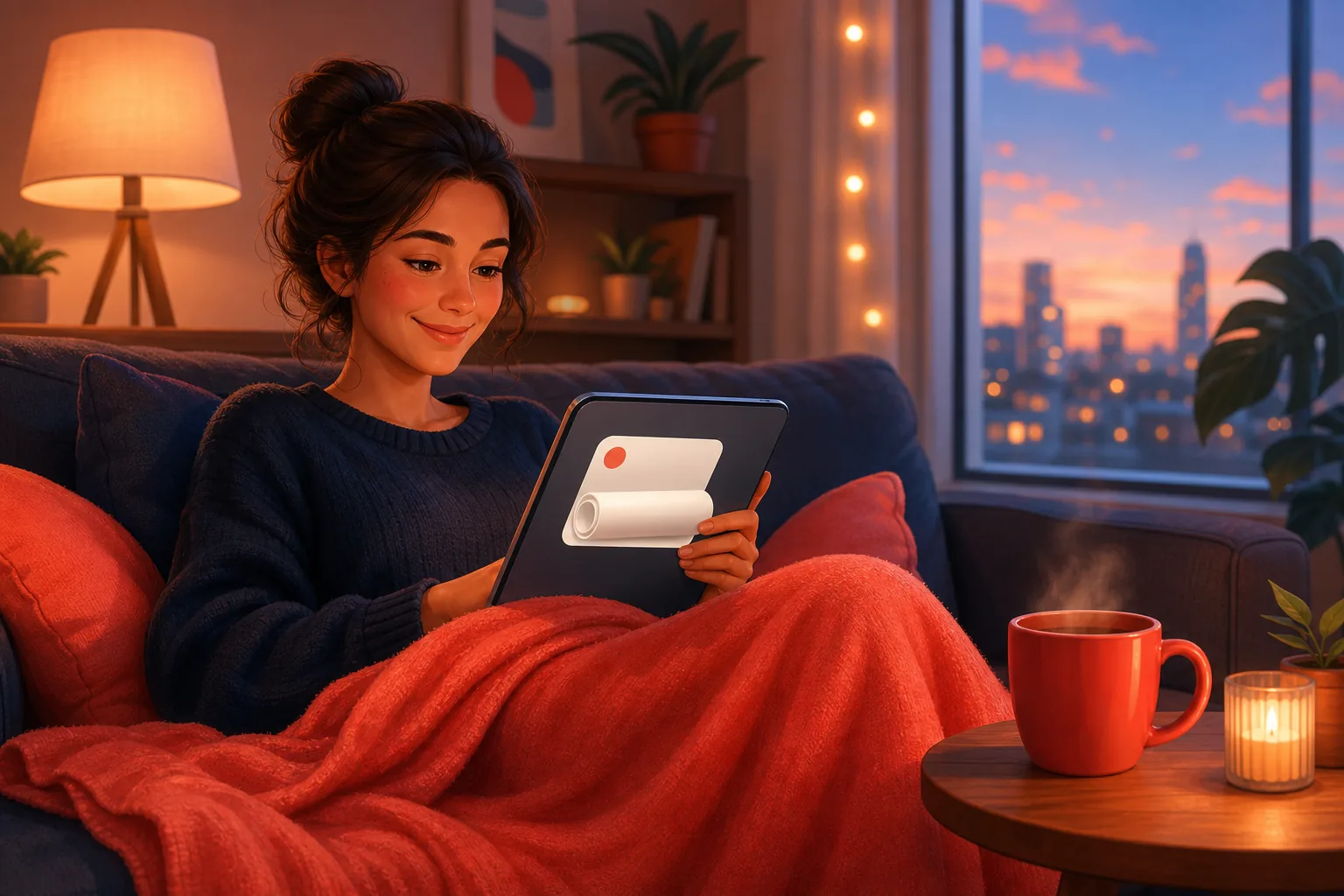 Woman curled up on a couch under a coral blanket, reading a calm scheduled digest on her tablet
