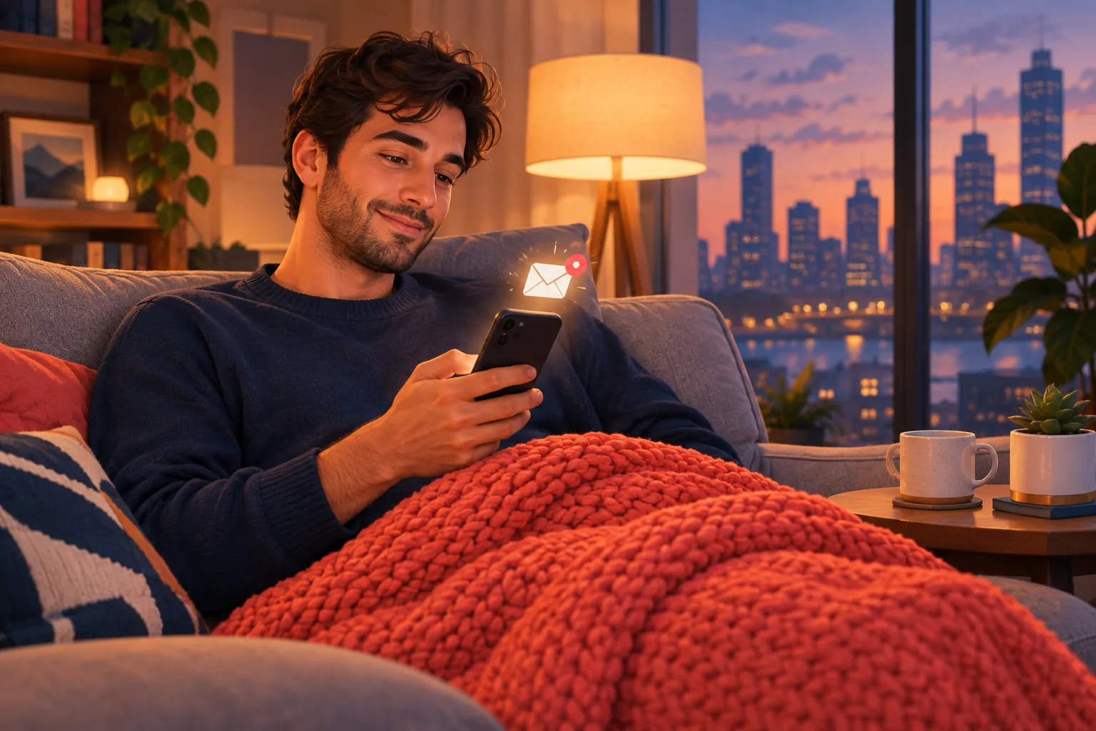 Relaxed young man on a couch smiling at a single new email on his phone, nothing left to set up