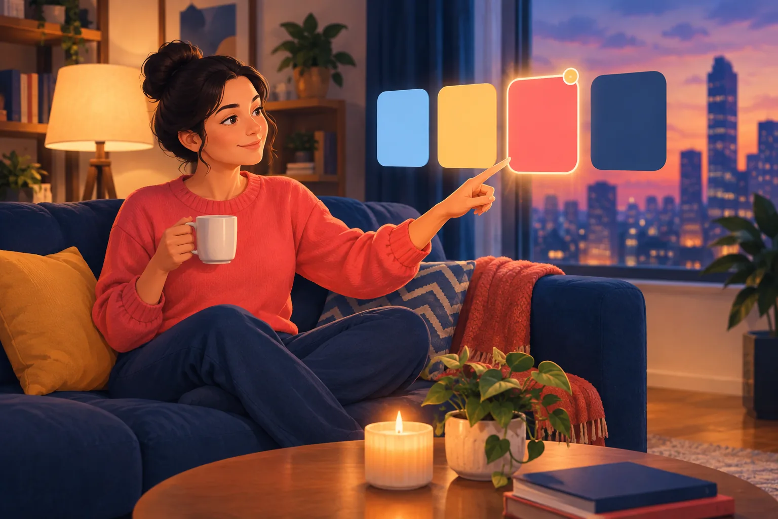 Woman on a sofa pointing at the easiest of a few simple options floating in front of her