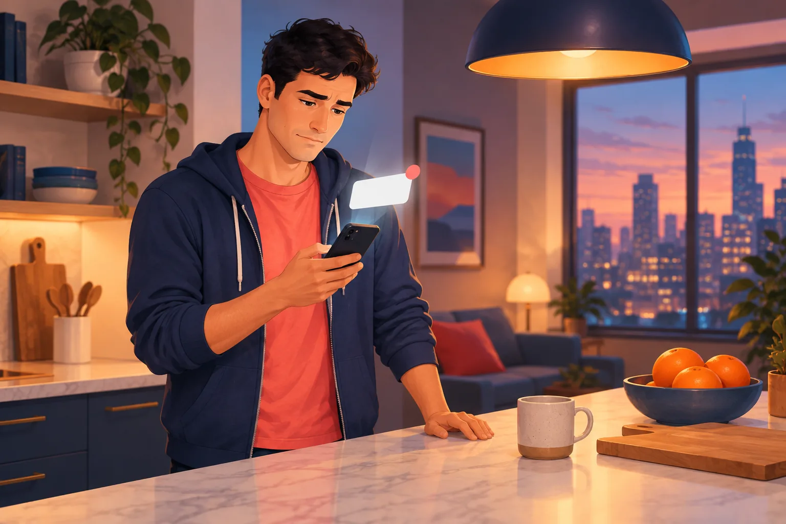 Man in a kitchen frowning slightly at his phone, realizing an alert arrived after the moment passed