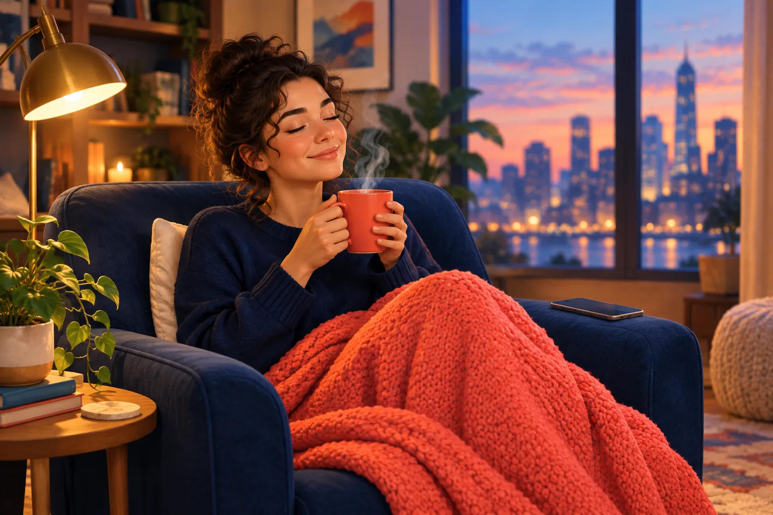 Woman relaxing in an armchair with a warm drink, content that her alerts now just work