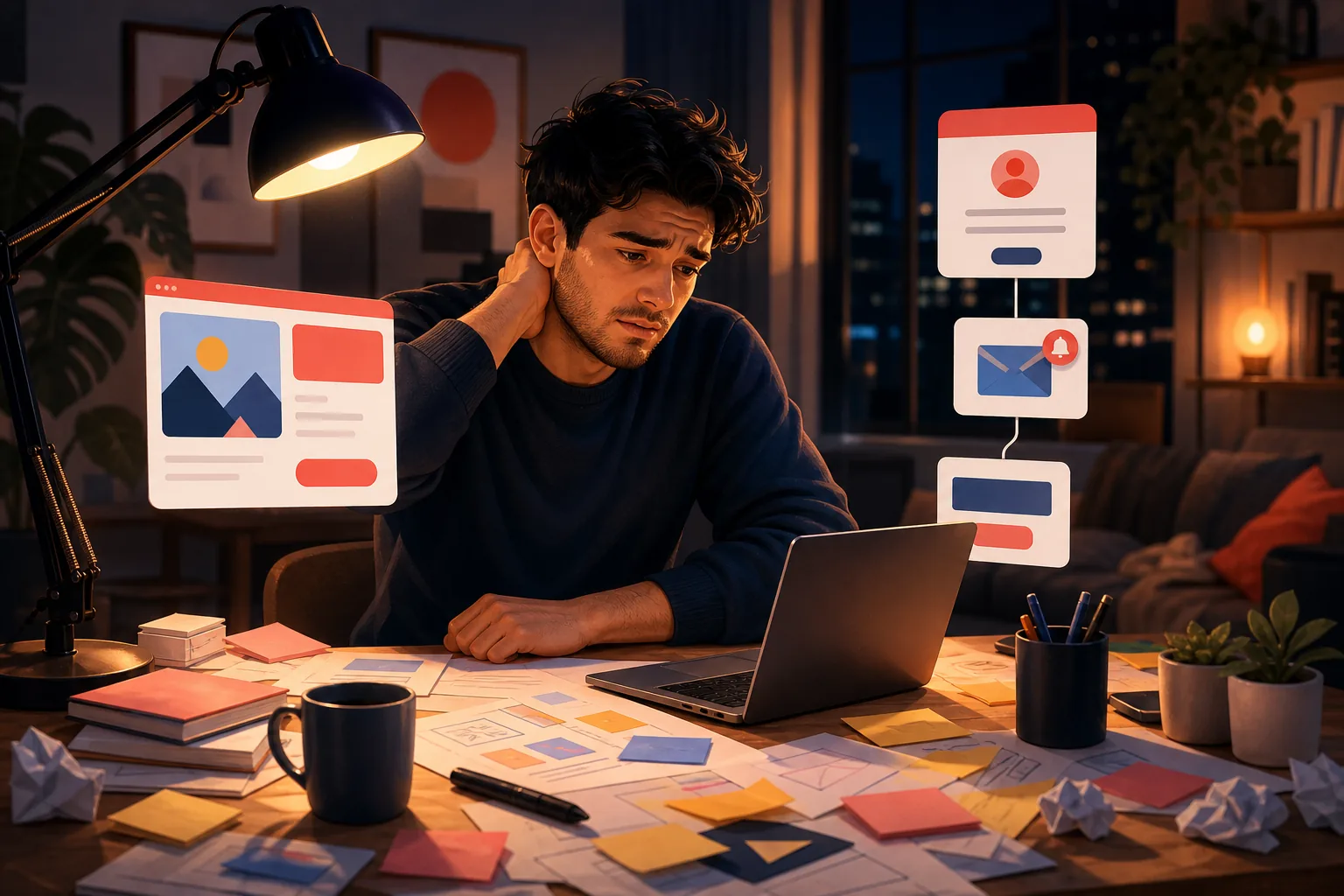Tired creator at a cluttered desk facing the heavy work of building a lead-magnet funnel