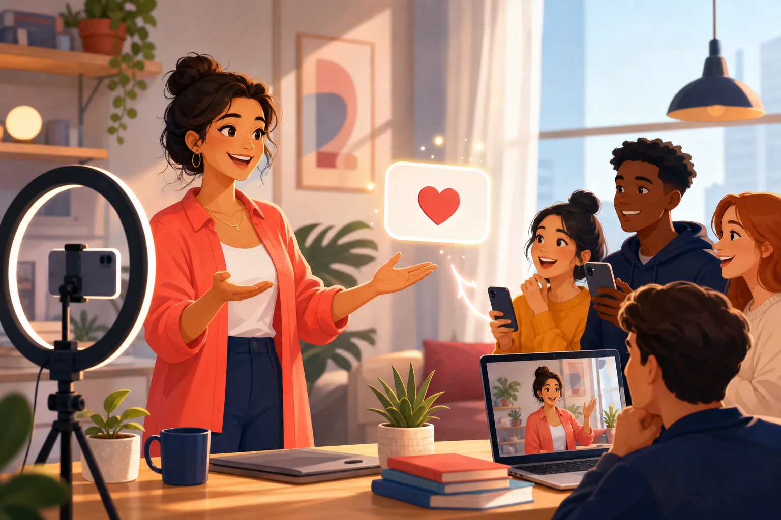 Cheerful creator inviting happy fans to opt in with a single friendly follow card