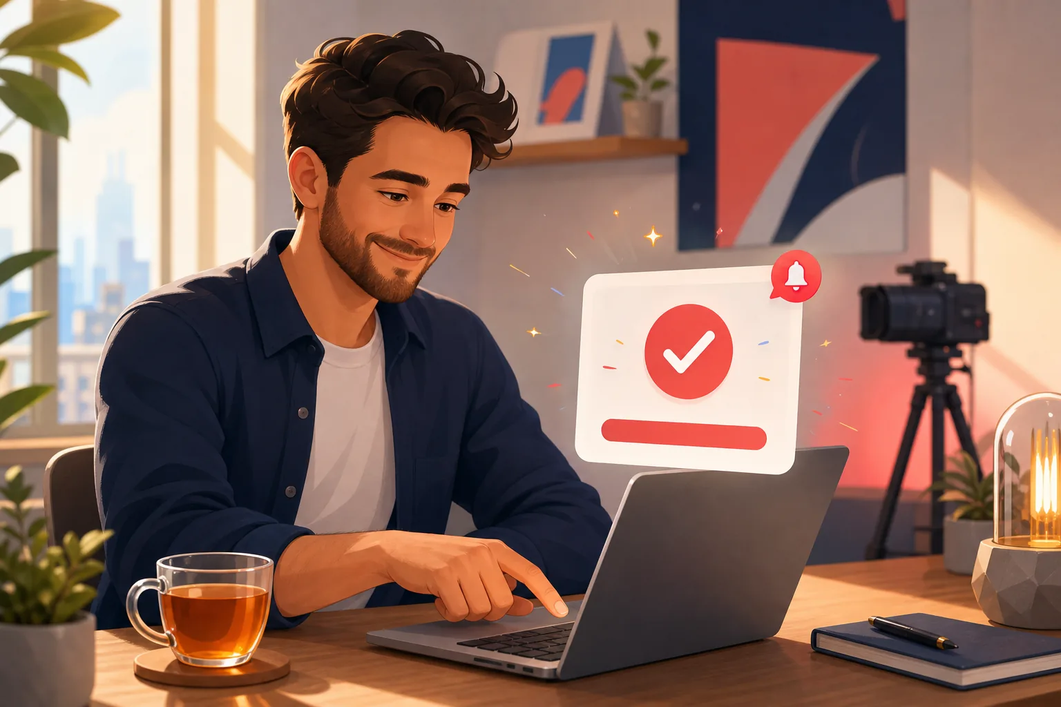Relaxed creator claiming his channel in a few clicks on his laptop