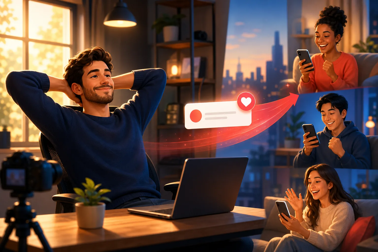 Creator relaxing as an upload alert glides out to fans automatically