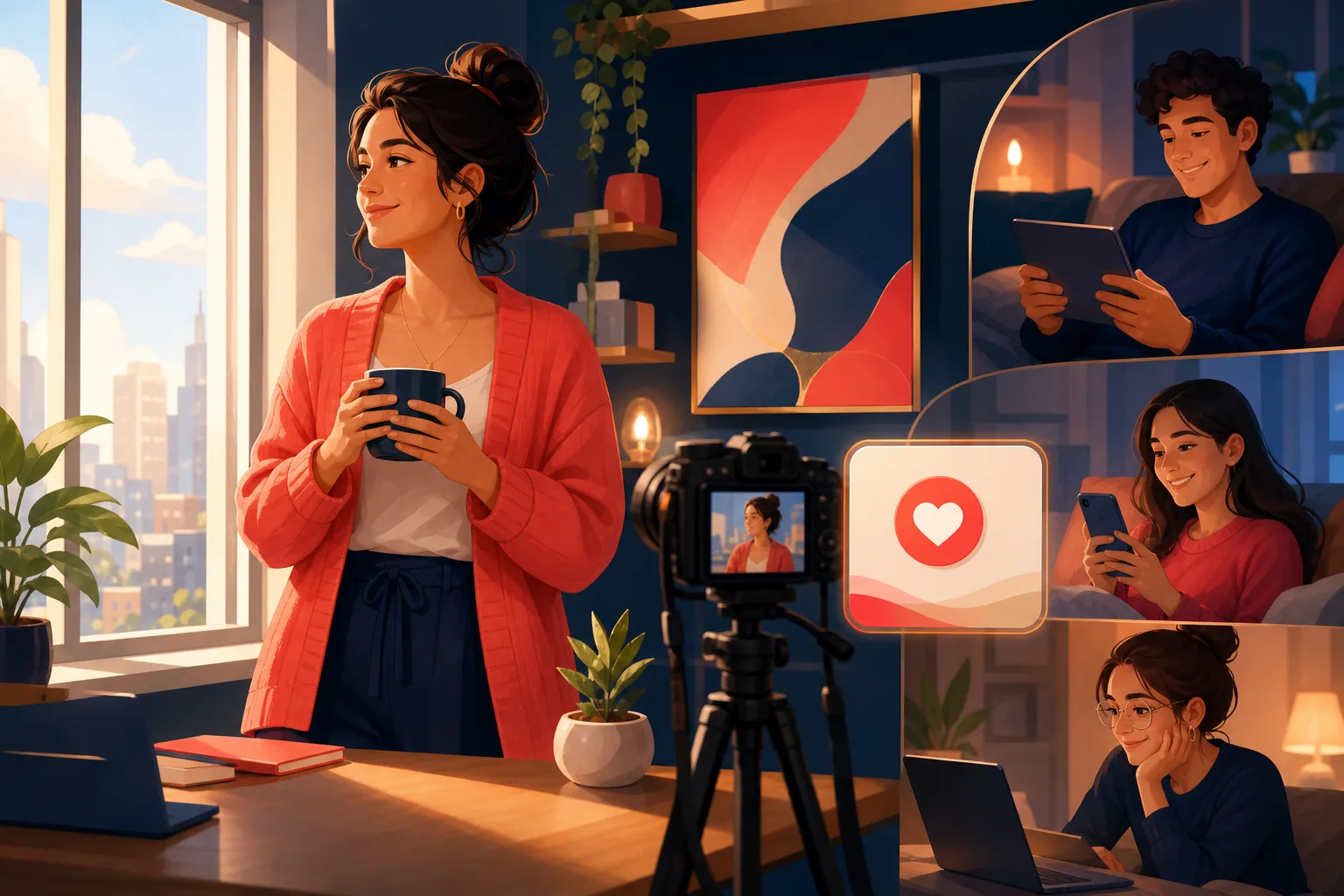 Creator by a window holding a mug, calm knowing she owns her connection to fans