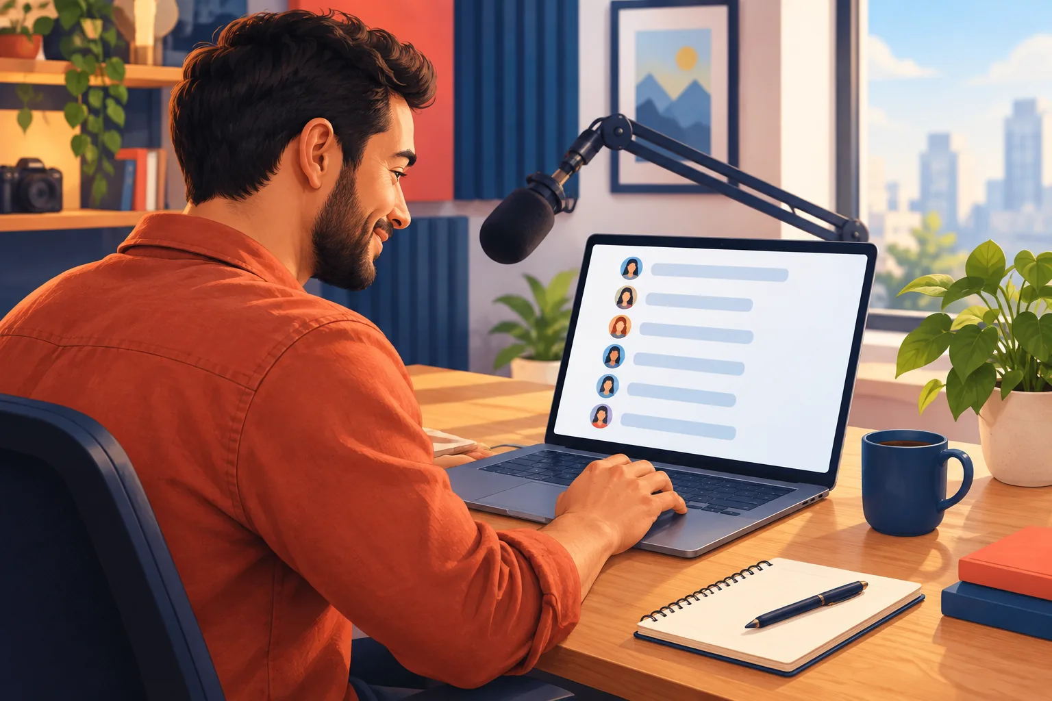 Creator at his desk scrolling through the list of fans who joined his email alerts, smiling with recognition